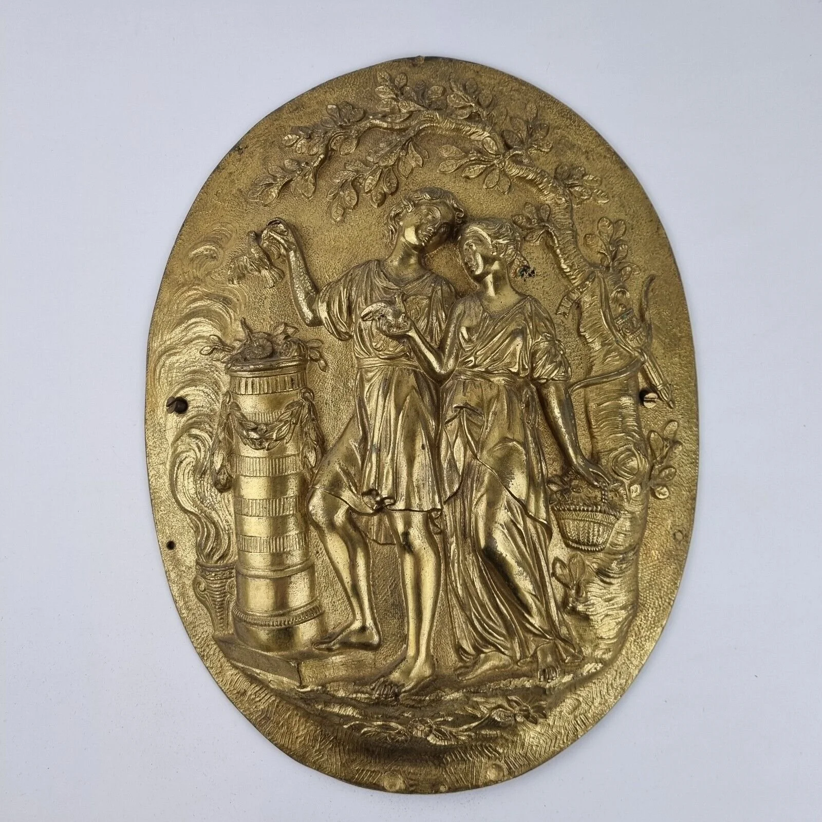 Antique Gilt Bronze Relief Cast Oval Plaque Depicting Lovers Beneath A Tree 34cm