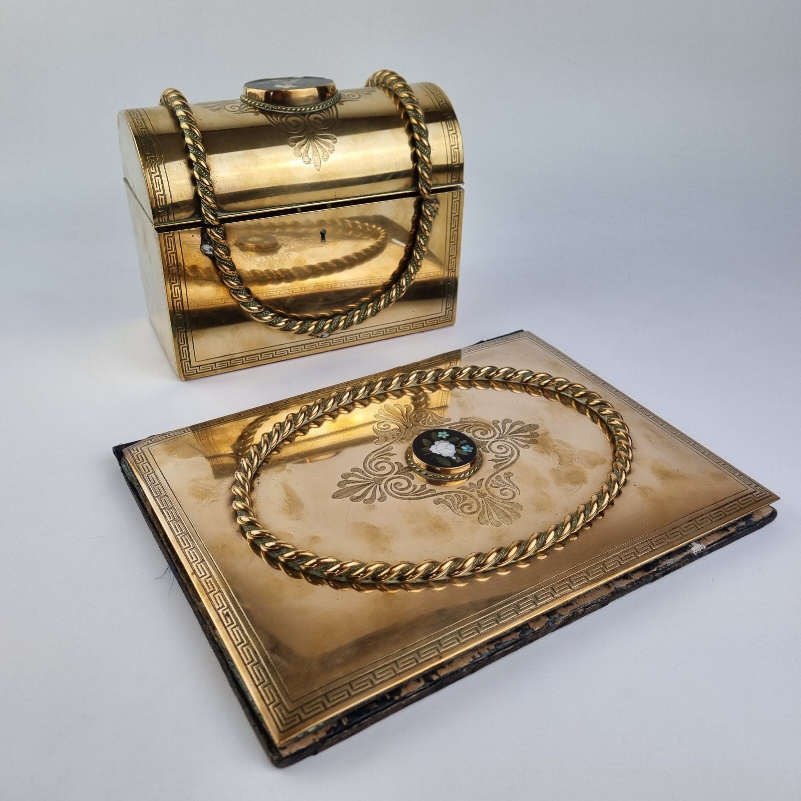 Antique 19thC Polished Bronze & Pietra Dura Stationary Box And Blotter Hall & Co