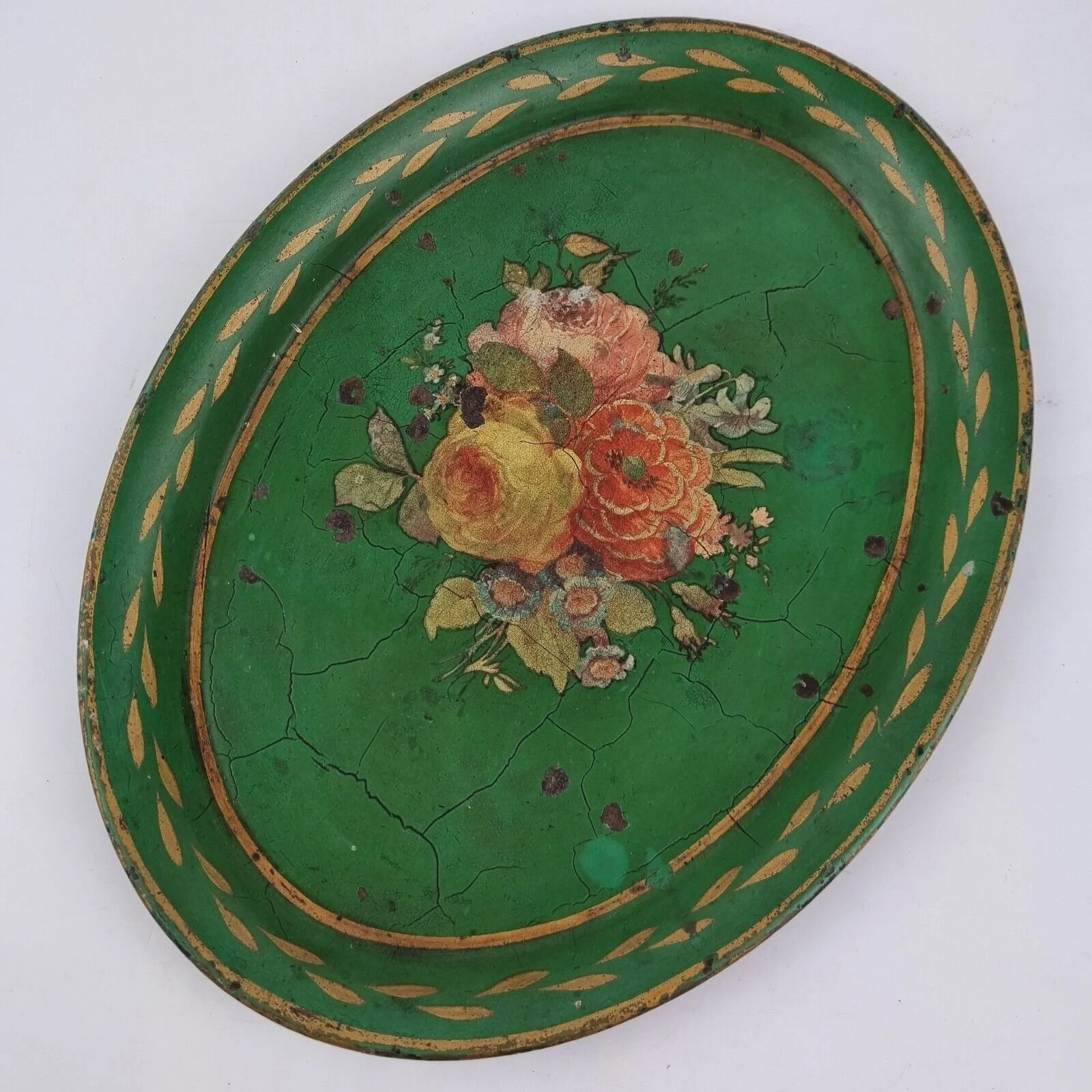 Antique Toleware Tray Green Ground Decorated With Flowers 24.5cm