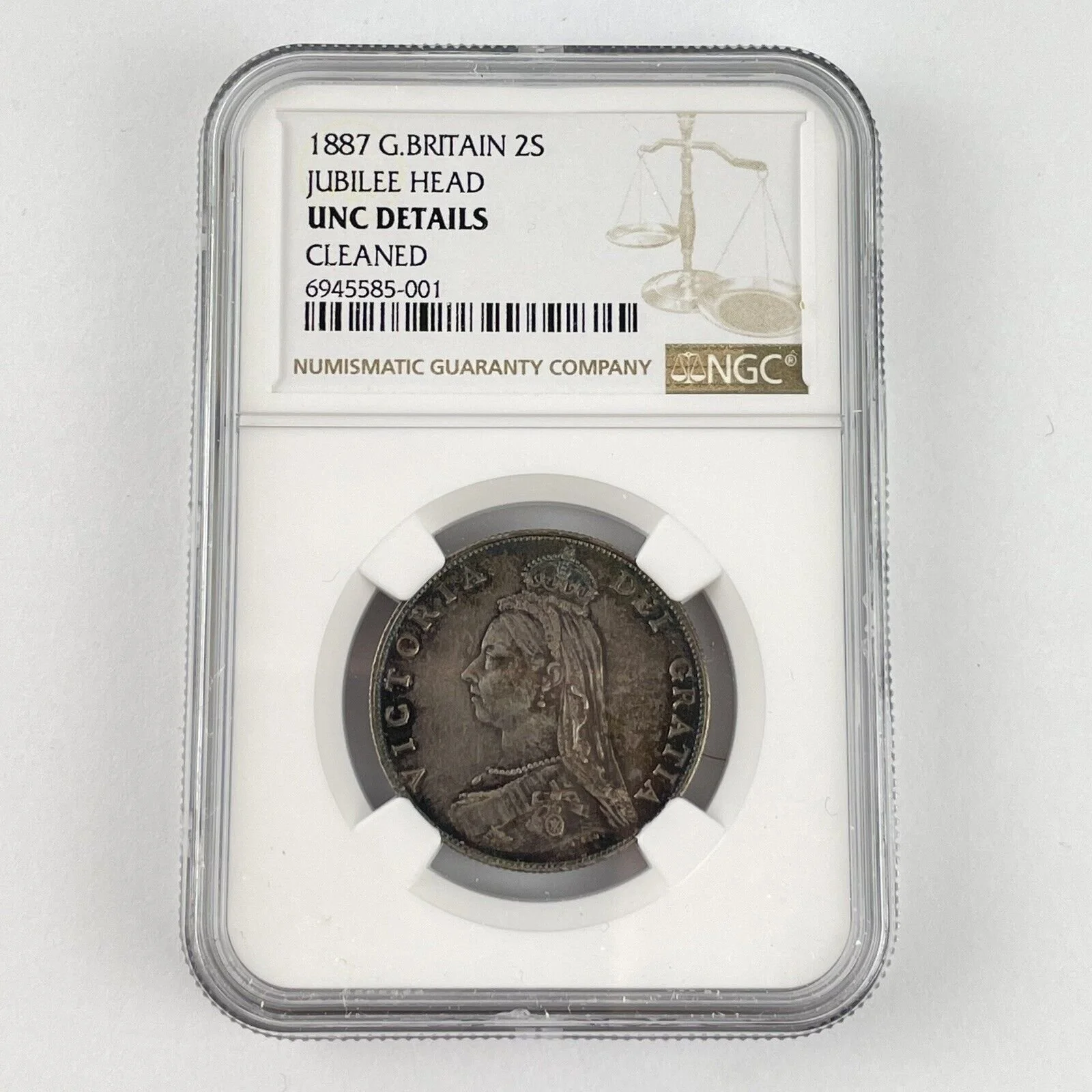 NGC Graded Great Britain 1887 2S Florin Jubilee Head UNC Details Cleaned