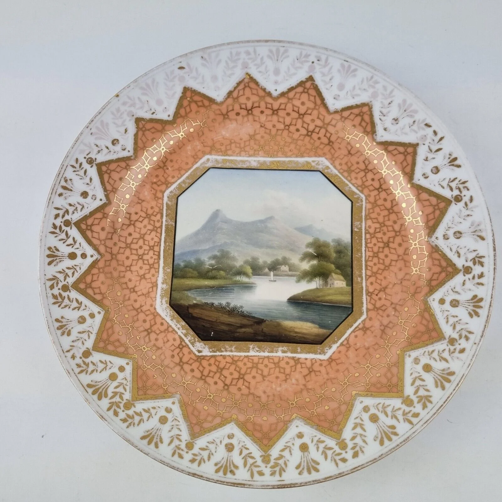 Antique 19thC Chamberlains Worcester Plate Painted View Of The Wye Landscape