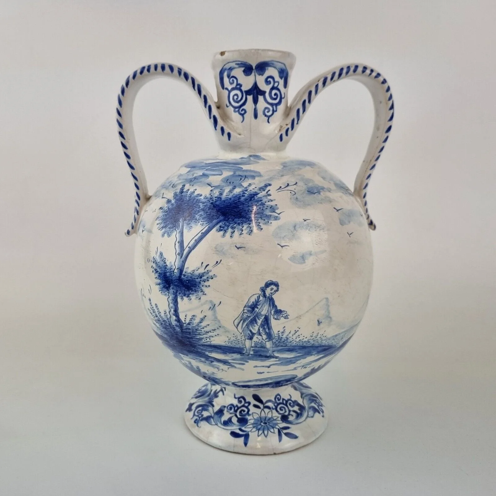 Vintage Delft Pottery Twin Handled Vase Decorated With Landscape 20cm High