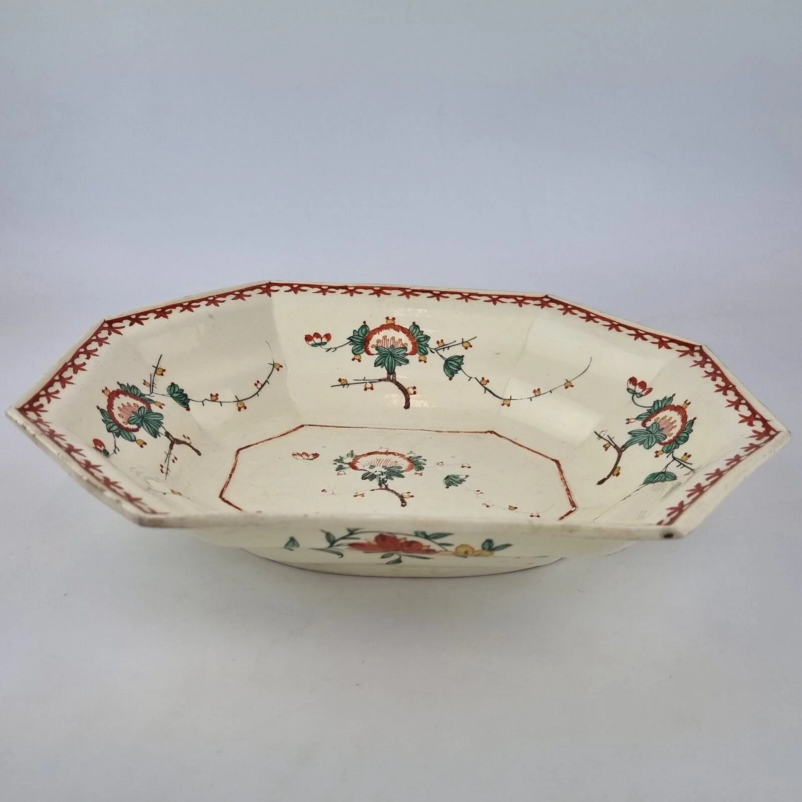 Antique 18th Century Creamware Bowl Painted With Flowers Bow? 29.2cm