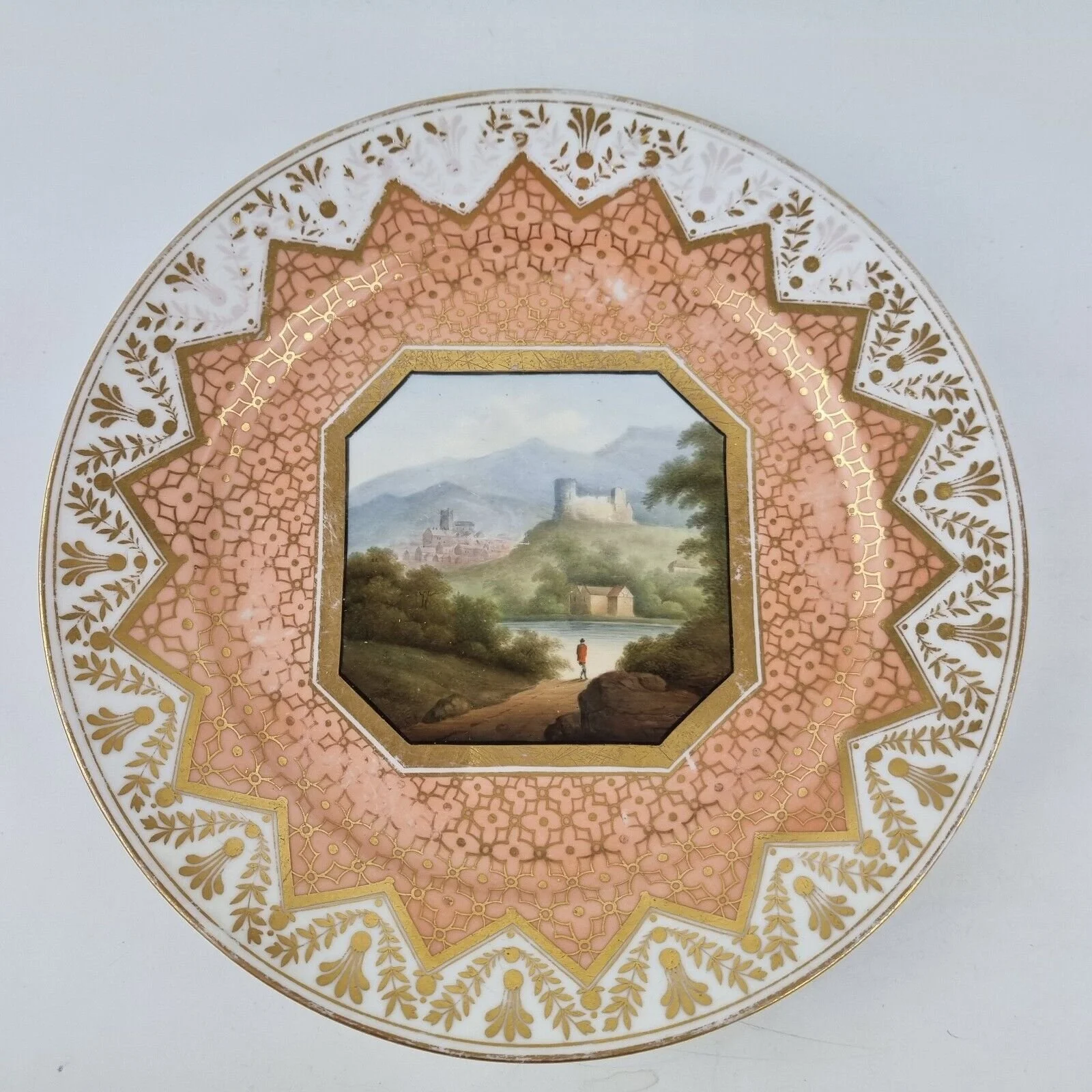 Antique 19thC Chamberlains Worcester Plate Painted Montgomery Town & Castle