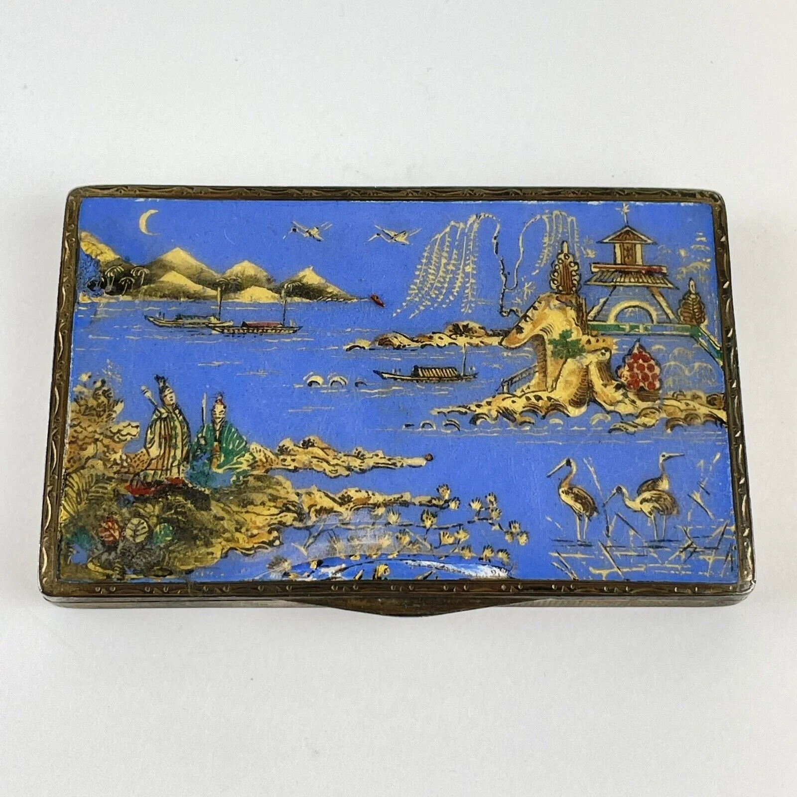Antique Solid Silver Blue Enamel Asian Scene Snuff Box Henry Clifford Davis 1926