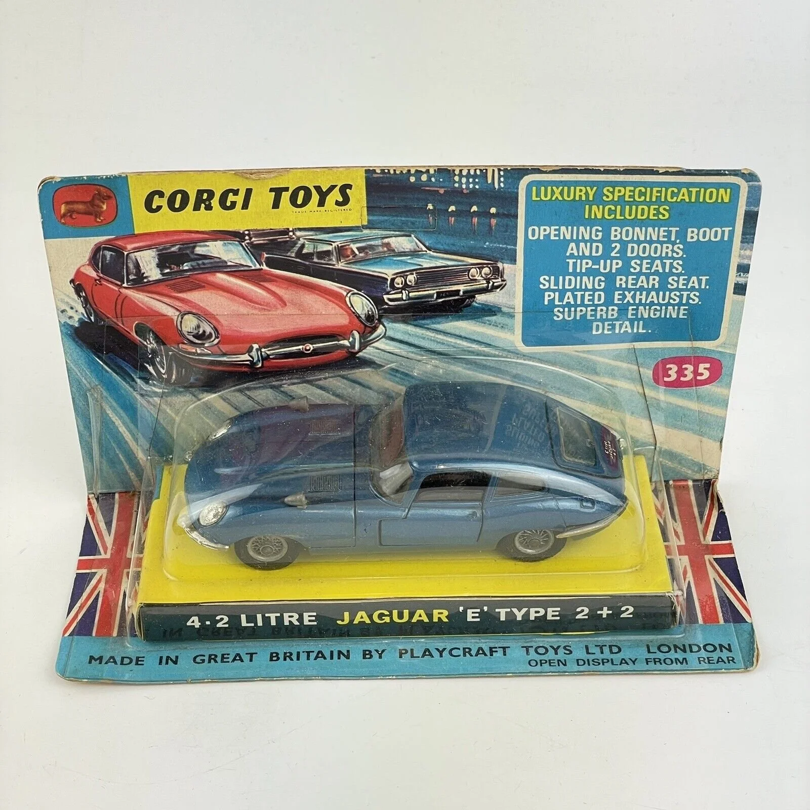 Vintage Boxed Corgi Toys No. 335 Blue 4.2 Litre Jaguar E Type 2 + 2 Original Wheeler Antiques