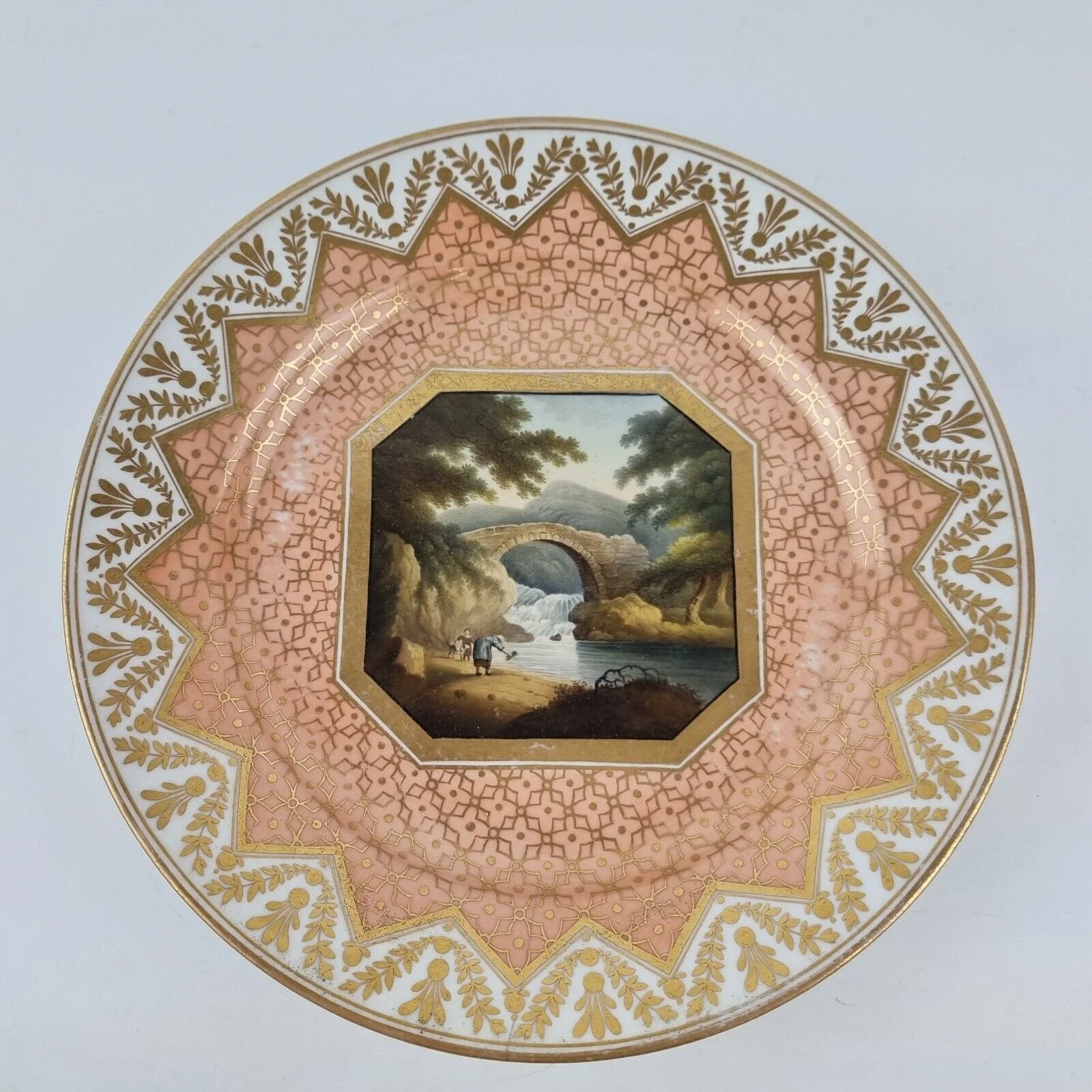 Antique 19thC Chamberlains Worcester Plate Painted Forge Bridge Westmoreland