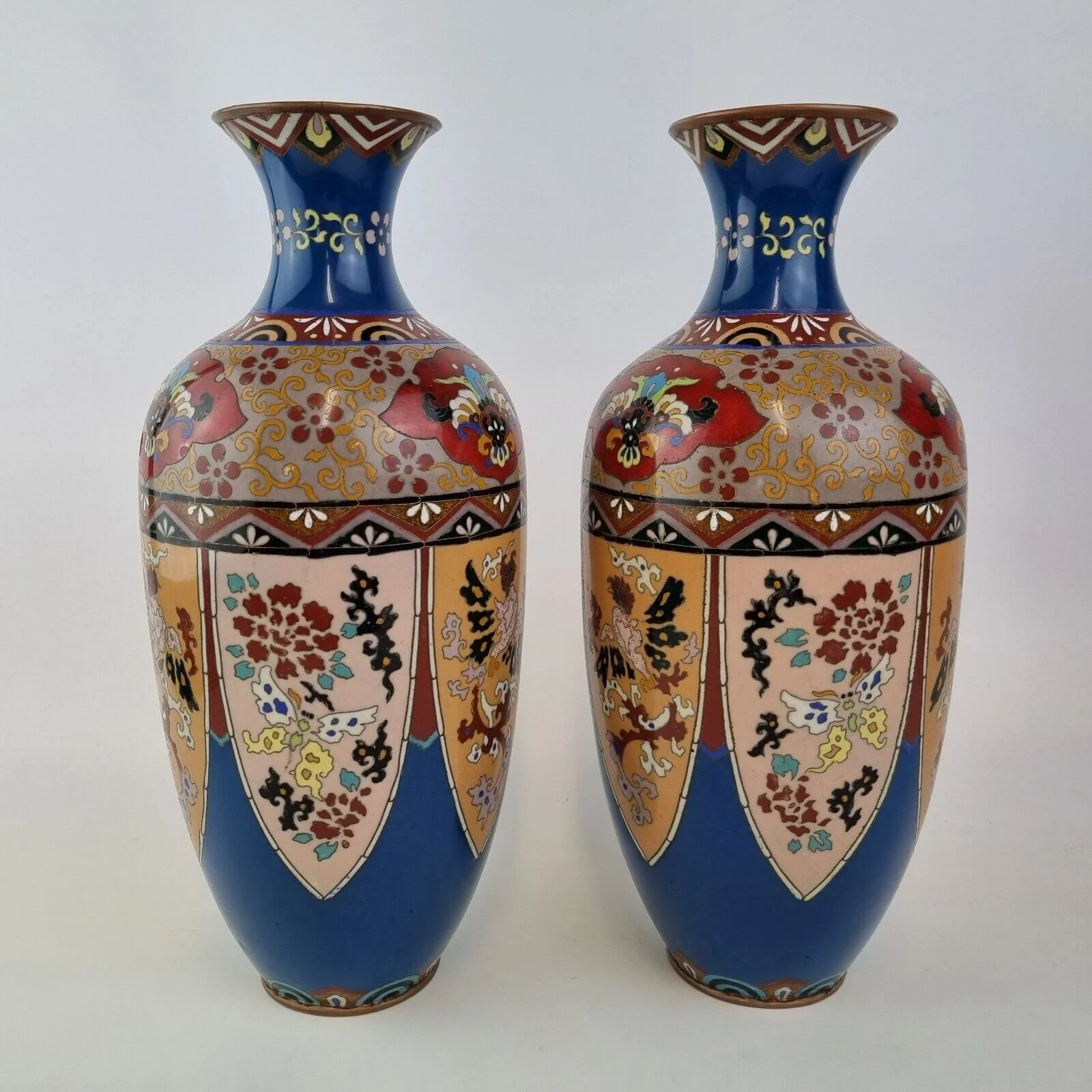 Vintage Pair Japanese Cloisonne Enamel Vases Decorated Flowers 31cm High A/F