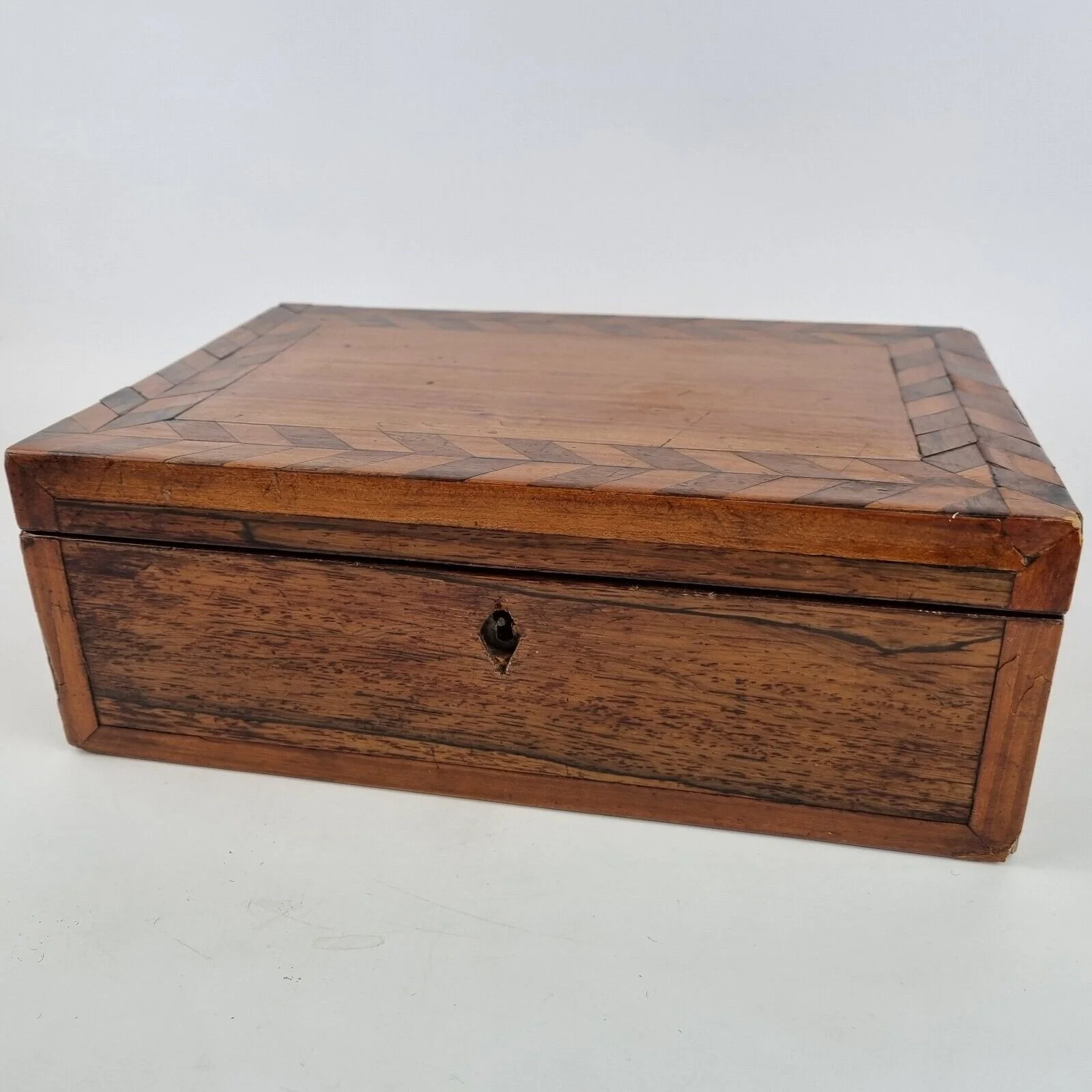 Antique 19th Century Marquetry Inlaid Wooden Box Floral Interior