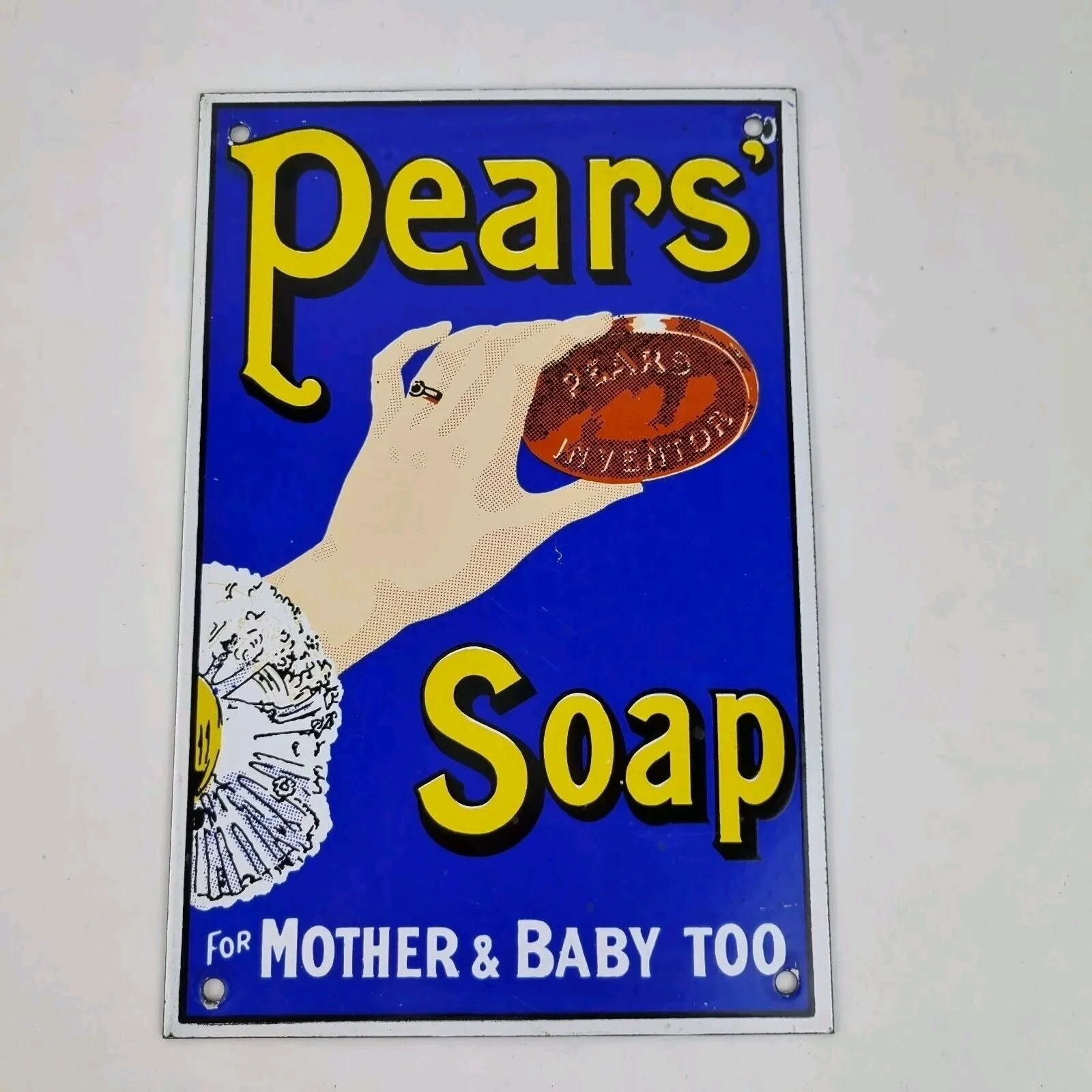 Reproduction Enamel Sign "Pears' Soap For Mother & Baby Too" 25.4cm High