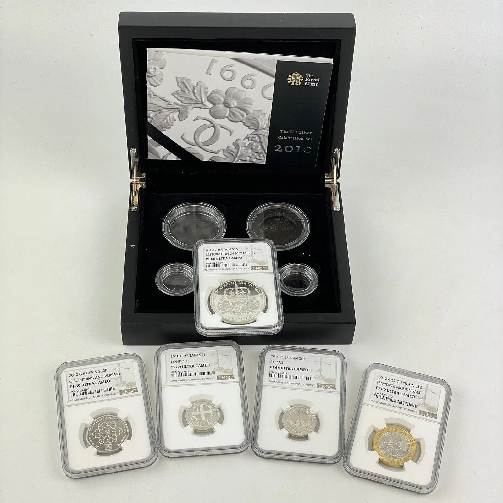 NGC Graded 2010 Proof Silver Great Britain Set 50p £1 £2 £5 PF 66 - 69