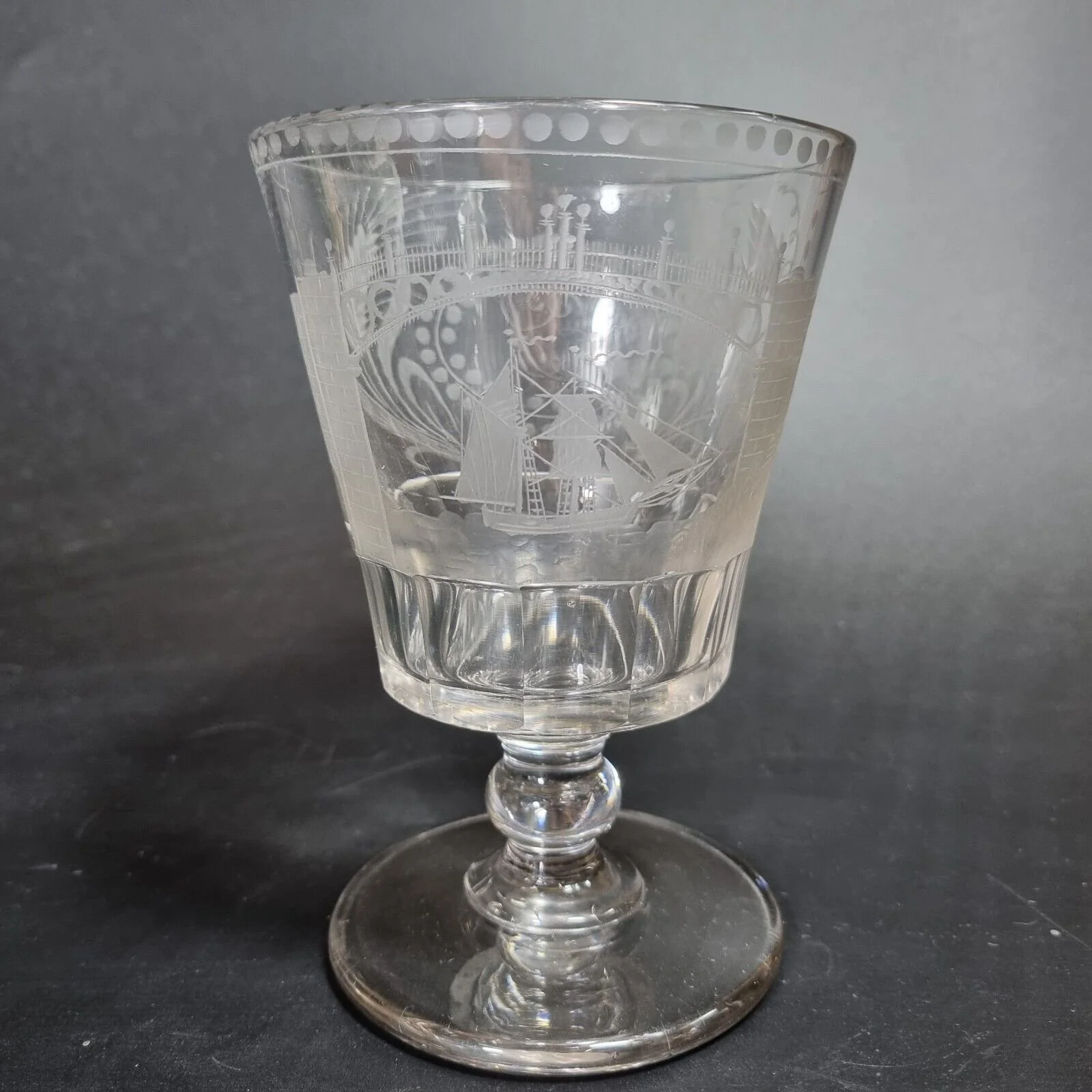 Antique George III Glass Rummer Engraved Sunderland Bridge Scene 13.5cm High