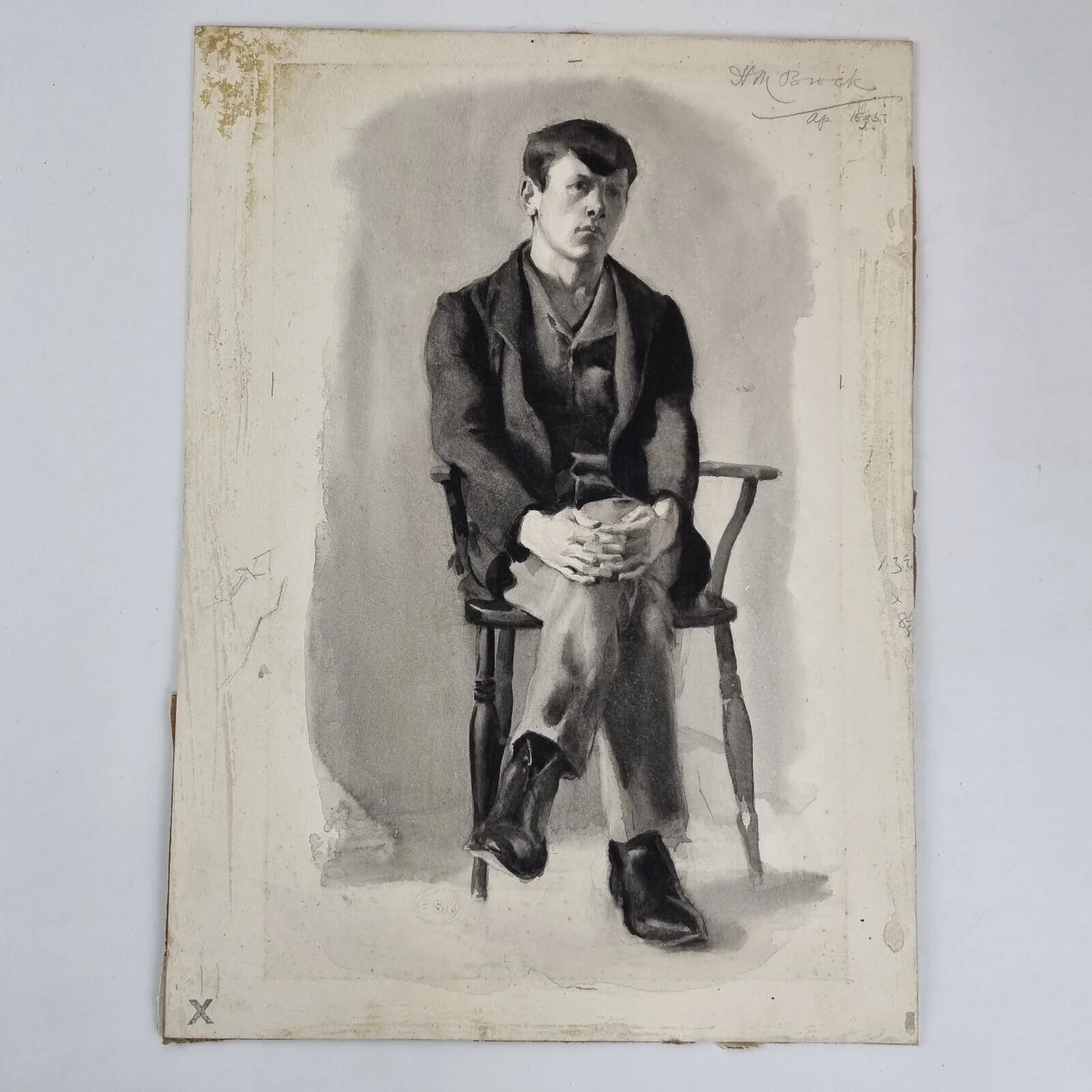 Henry Matthew Brock Signed Watercolour Self Portrait? In Chair South Kensington
