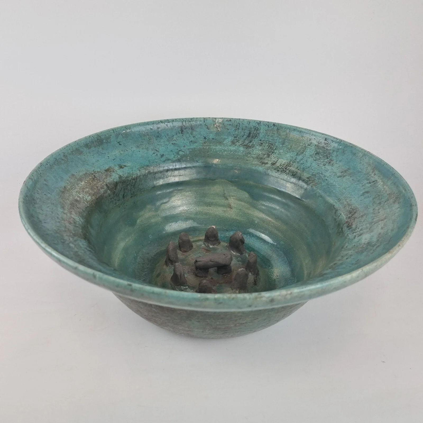 Large Studio Pottery Bowl Blue With Black & Lustre Finish Unidentified JC Mark