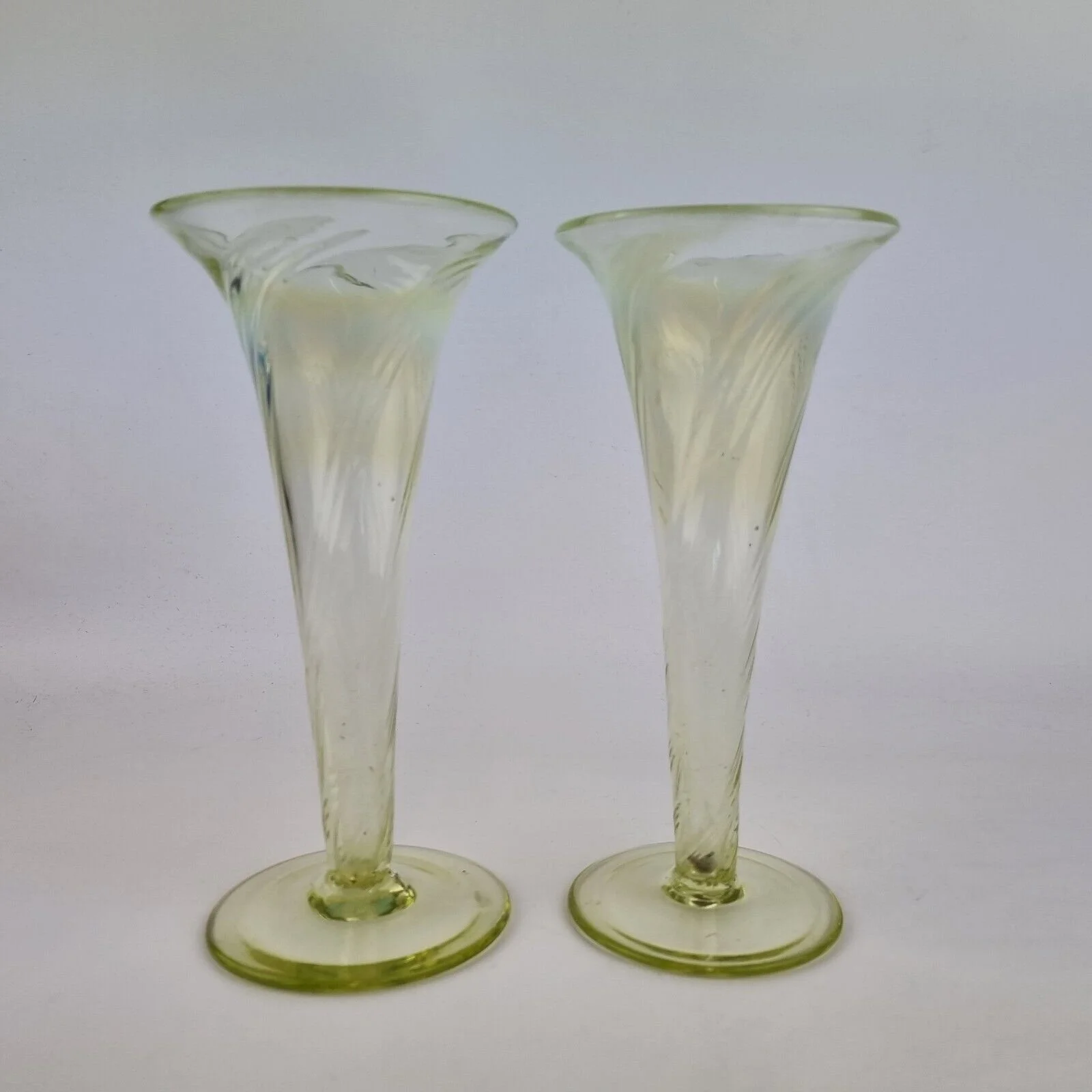 Antique Pair Of Opalescent Vaseline Glass Trumpet Vases 19.5cm High Wheeler Antiques