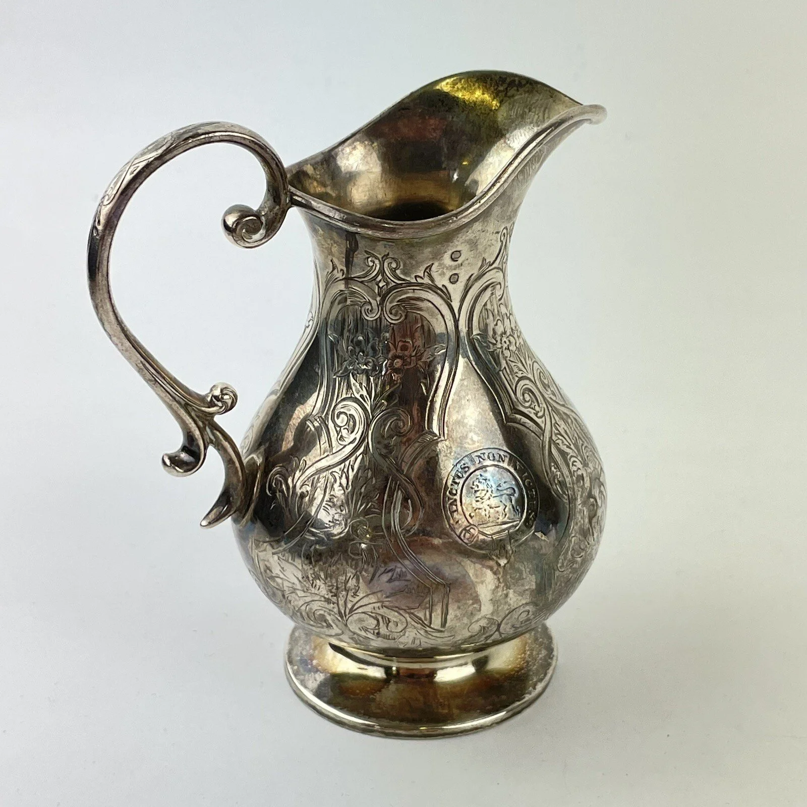 Antique Solid Silver Cream Jug Robert Hennell III 1859 Armorial Crest 9cm 86g