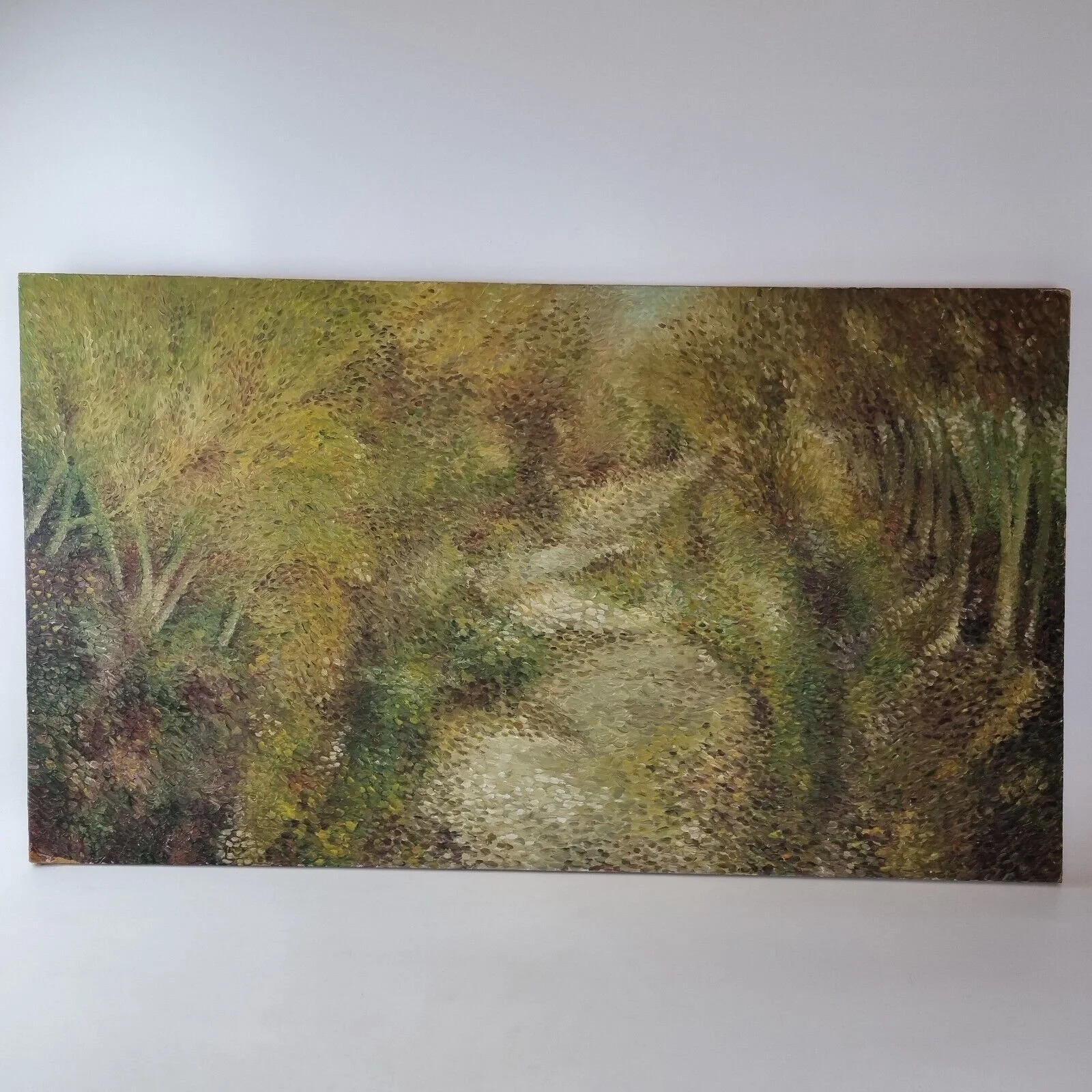 20thC Oil On Board Impressionist Landscape River With Trees Either Side 93cm