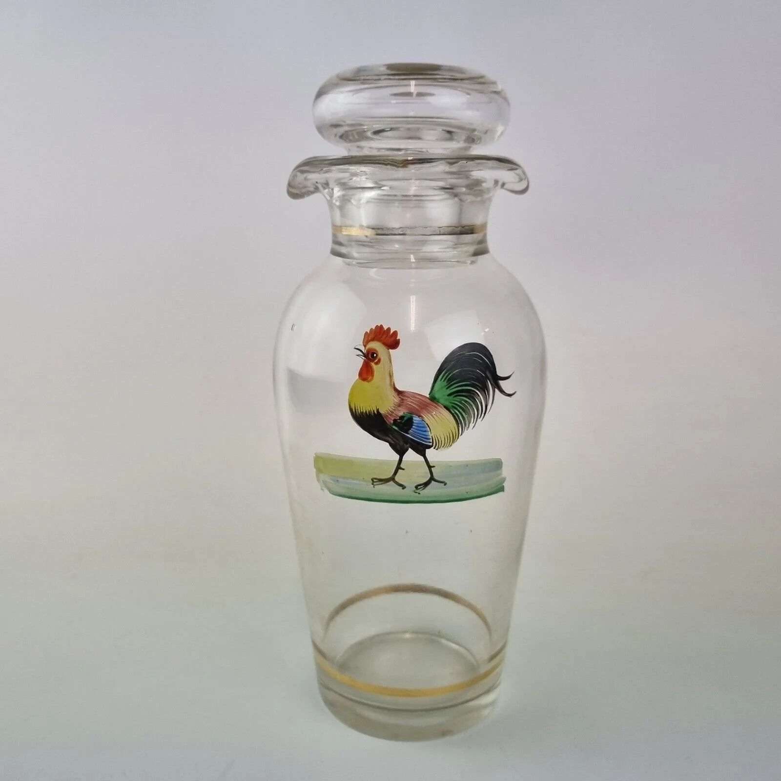 Vintage Art Deco Glass Carafe/ Cocktail Shaker Painted Cockerel 21.5cm High