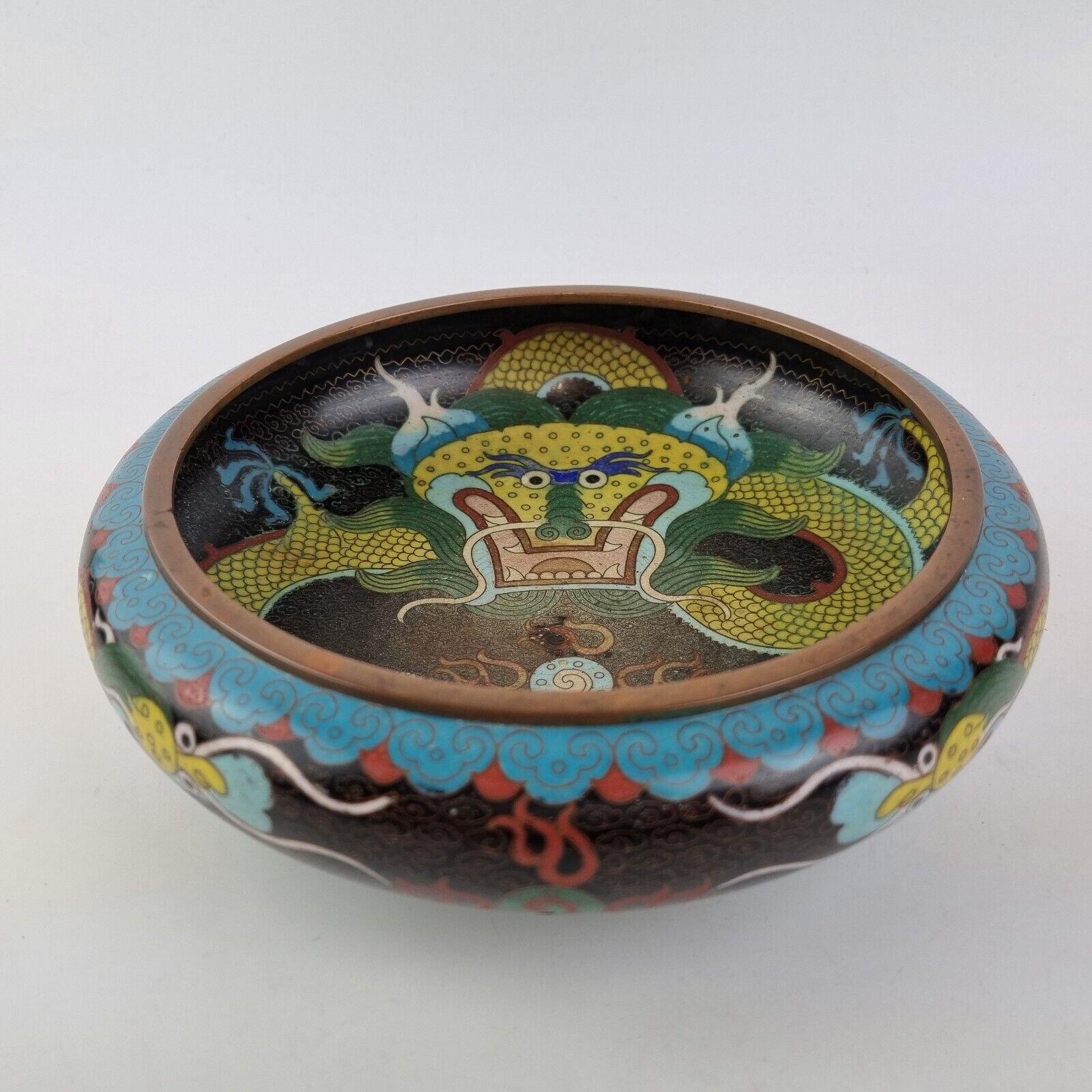 Vintage Chinese Cloisonne Enamel Bowl Dragons Chasing Pearl 4 Character Mark