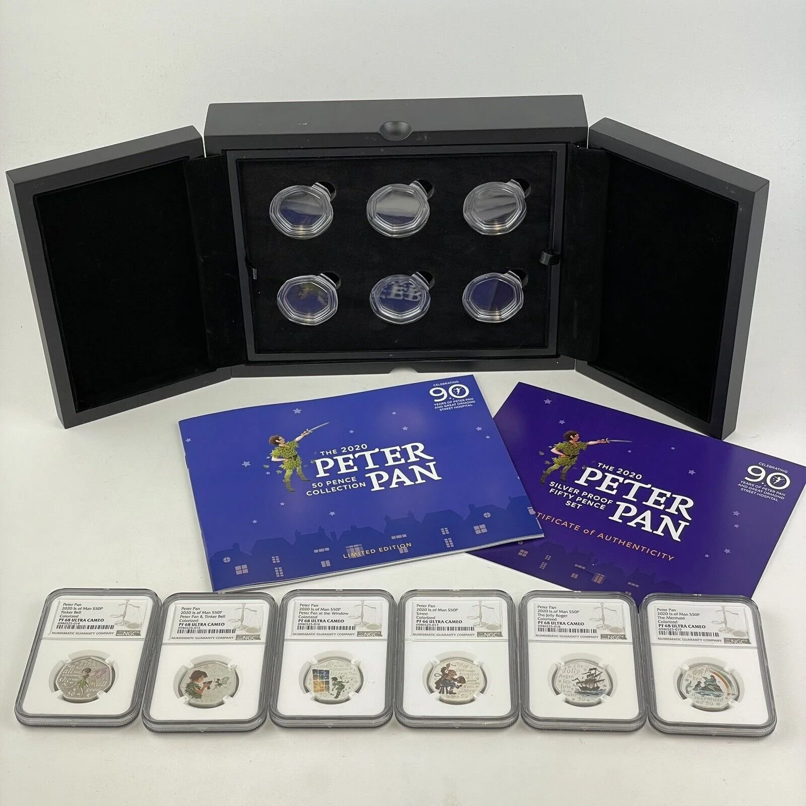 NGC Graded Proof Silver Isle Of Man Peter Pan 50p Set Colorized PF 66 - 68