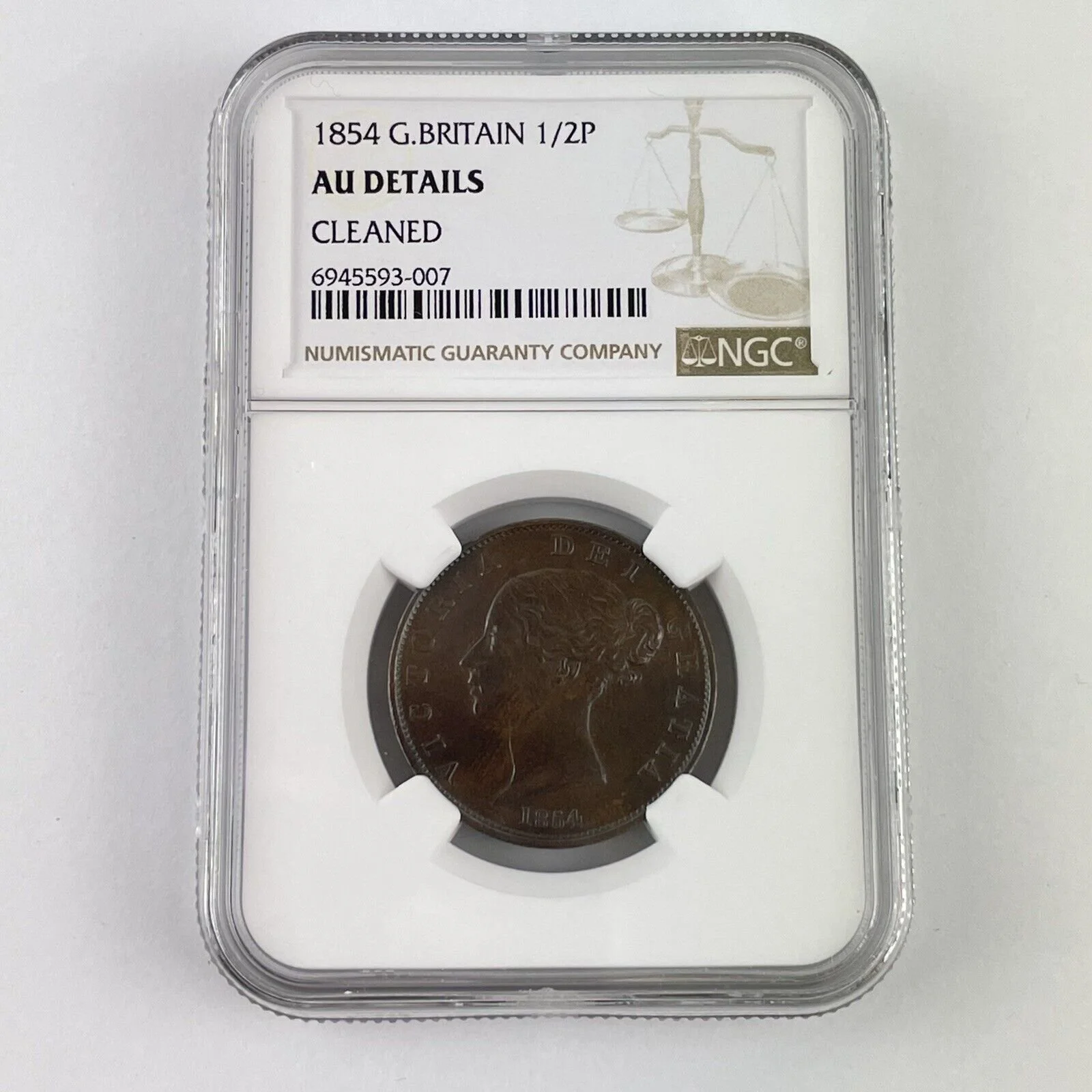 NGC Graded Great Britain Queen Victoria 1854 Halfpenny 1/2P AU Details Cleaned