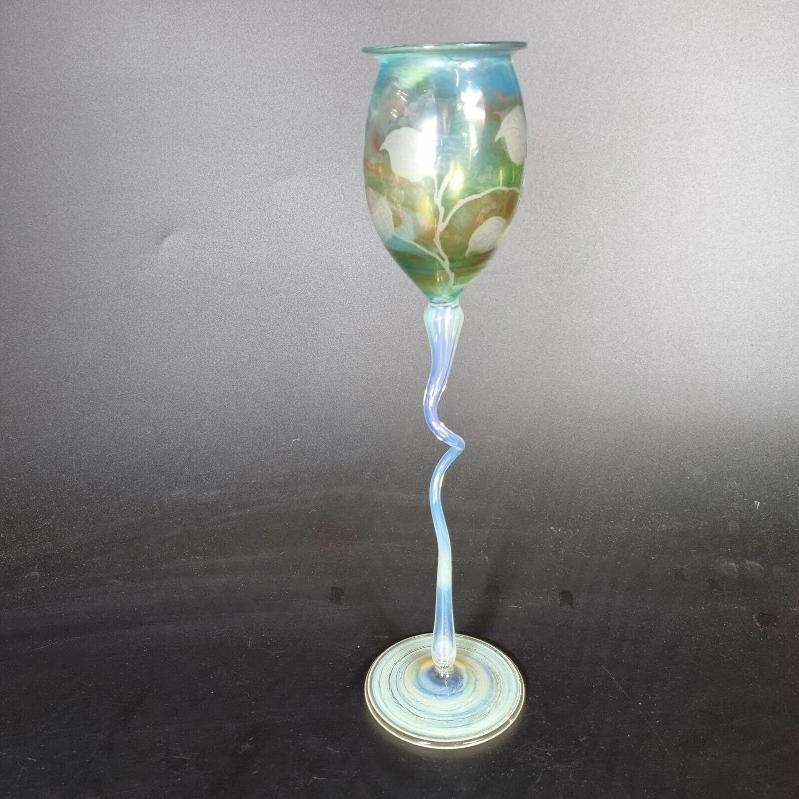 Karl Schmid Signed Lampwork Opalescent Glass Vase? Etched Decoration 30cm High