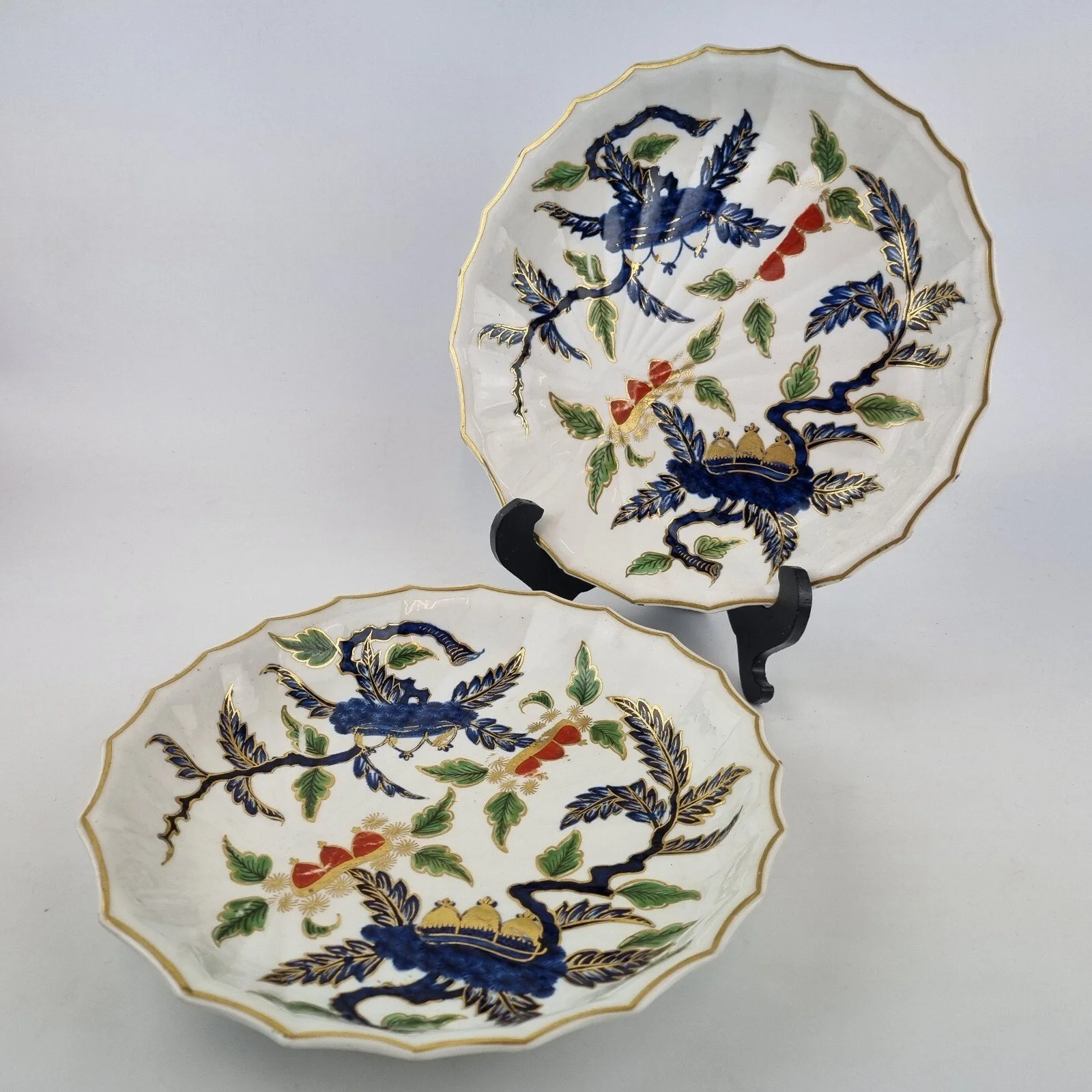 Antique Pair 18th Century Derby Imari Style Dishes Chestnut Pattern 22.5cm