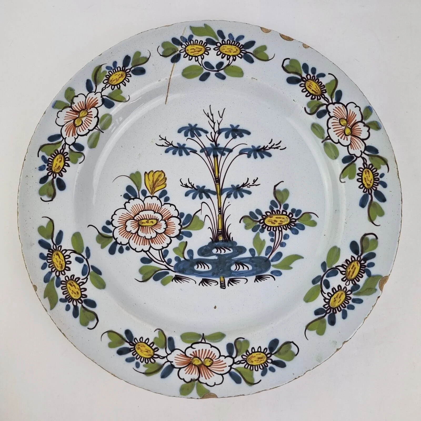 Antique 18th Century Delft Polychrome Charger Painted With Flowers 30.2cm