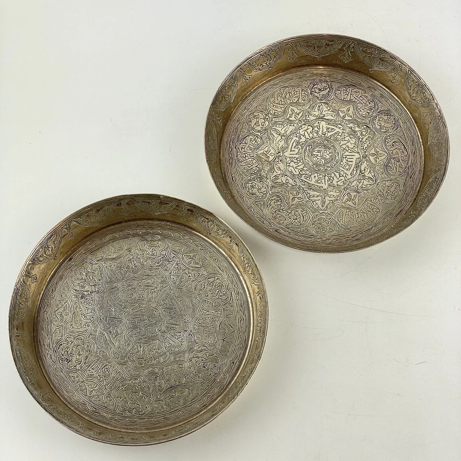 Pair Of Antique Solid Egyptian Silver 13.9cm Dishes / Coasters 250g