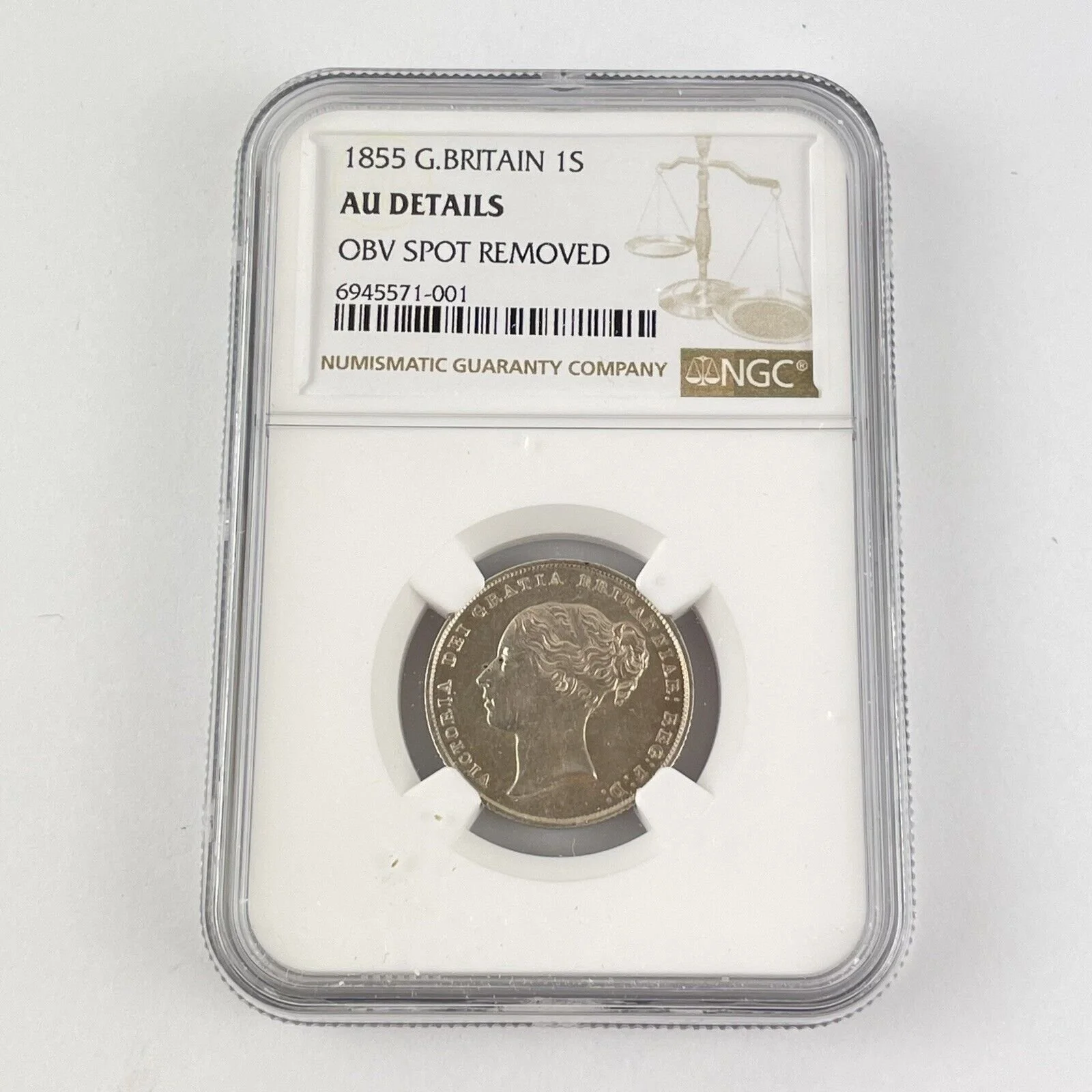 NGC Graded Great Britain 1855 Victoria 1S Shilling AU Details OBV Spot Removed