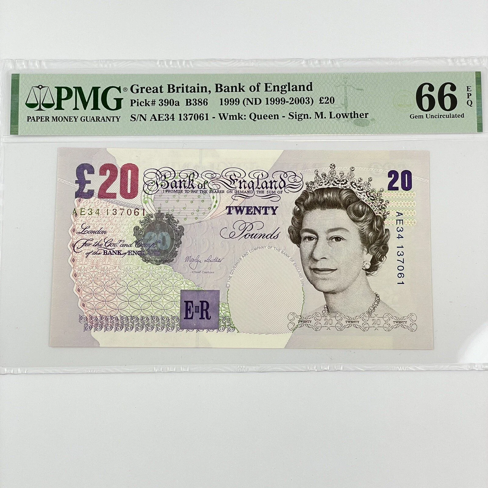 PMG Graded Great Britain 1999 £20 AE AE34 M Lowther 66 Gem Uncirculated EPQ