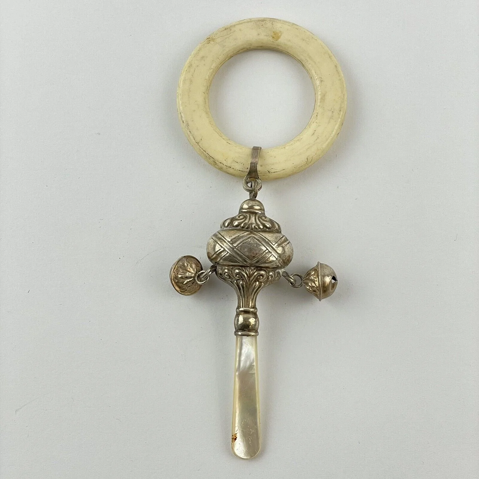 Vintage Solid Silver & Plastic Baby’s Rattle & Teething Ring 1979 15cm