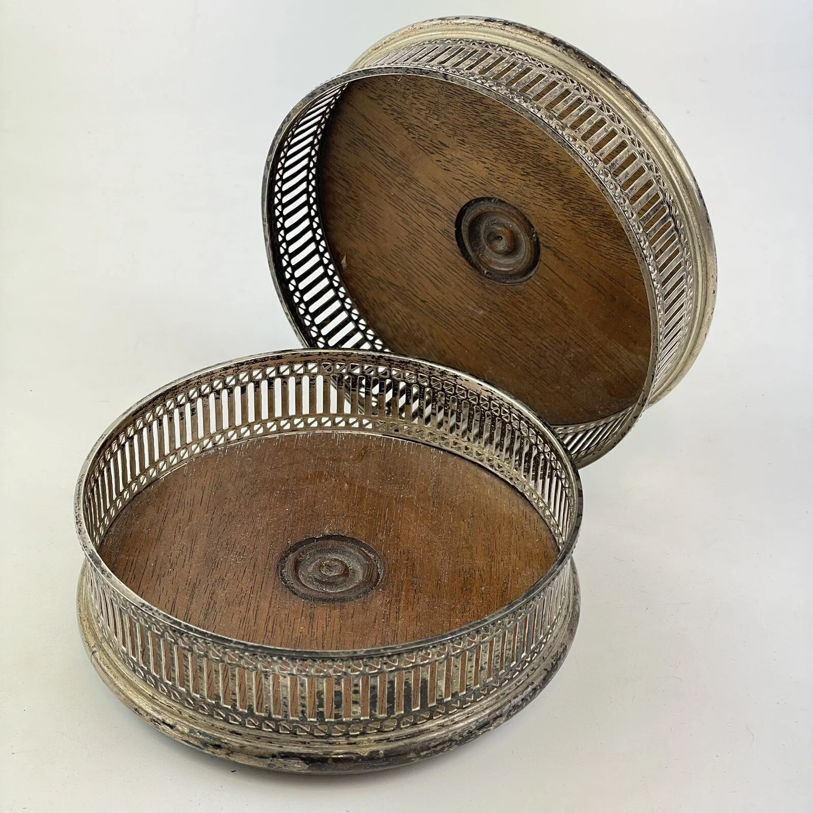 Pair Of Antique Silver Plated & Oak Bottle Coasters 12.5cm