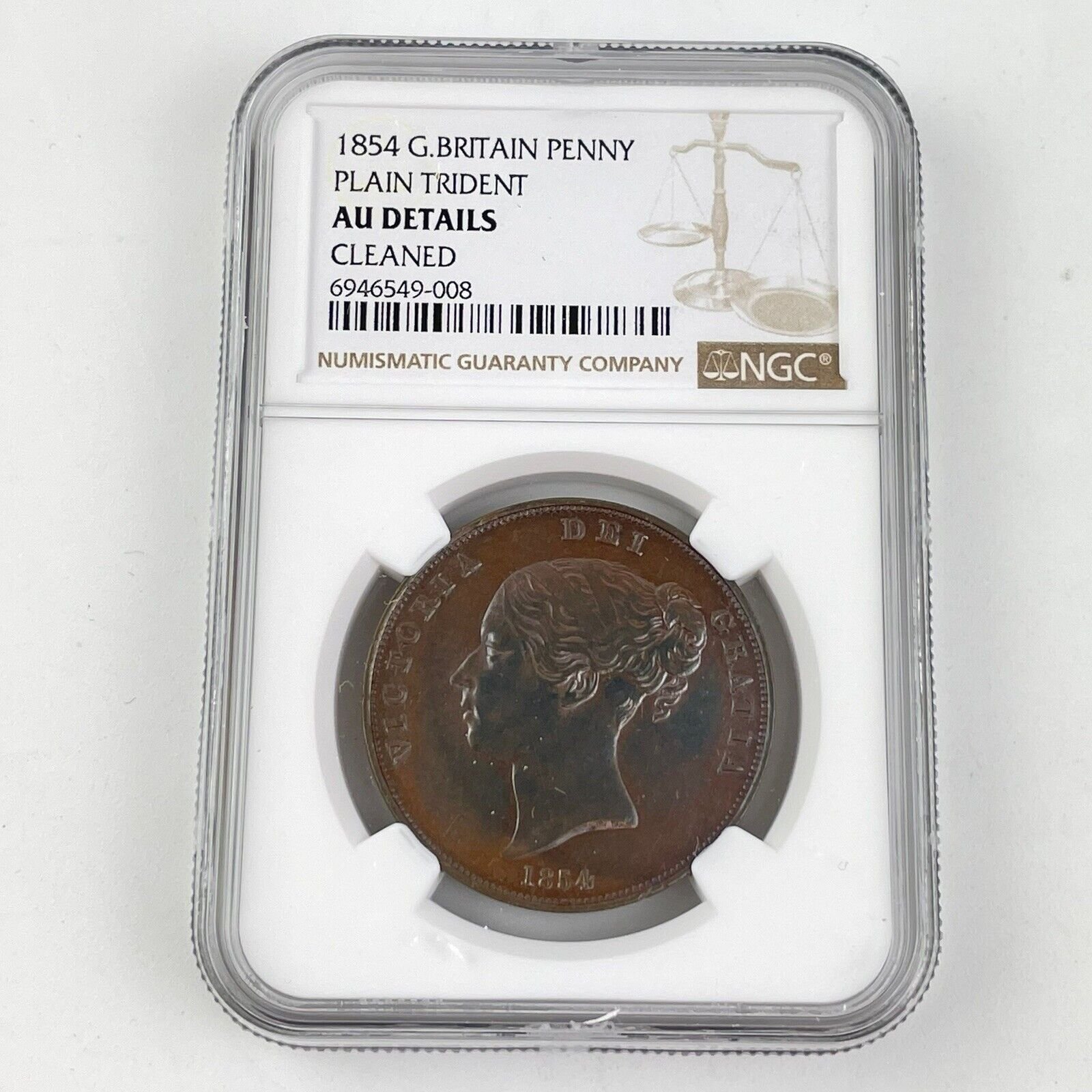 NGC Graded 1854 Great Britain Penny Plain Trident Almost Uncirculated AU Details