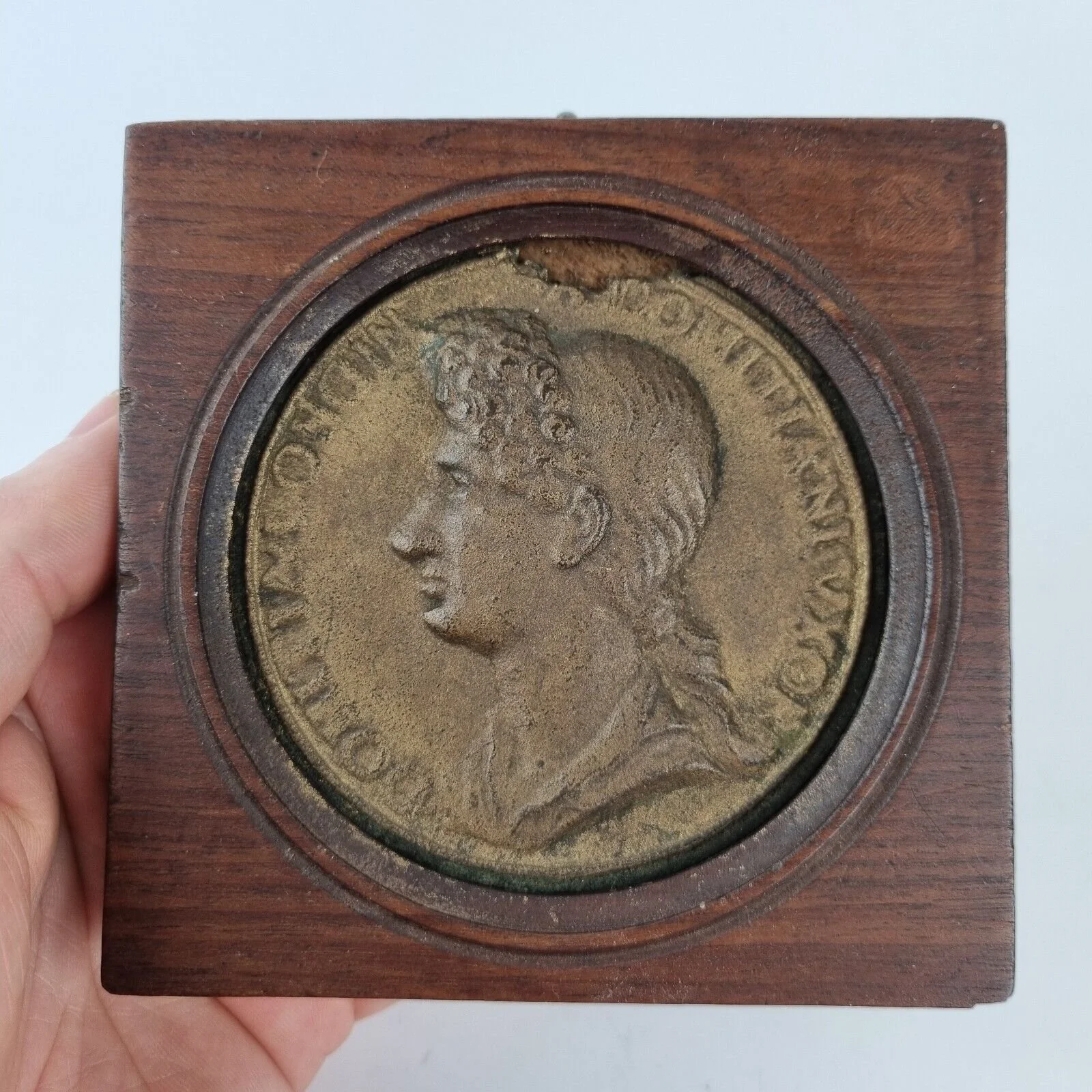 Vintage Metal Portrait Medallion Of Domitian In Wooden Boxed Frame