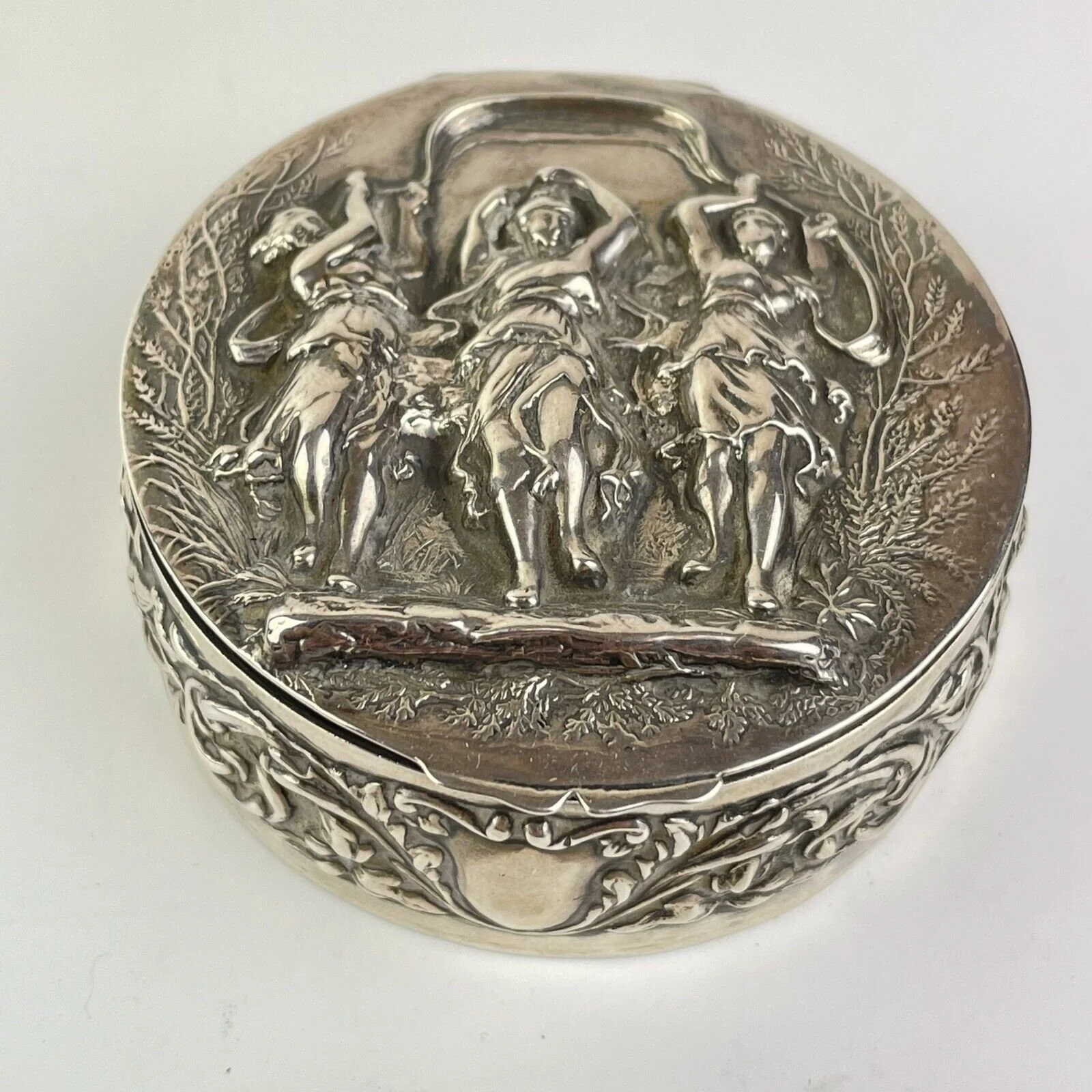Antique Solid Silver Trinket Box Classical Dancers Scene Thomas Hayes 1897 6cm