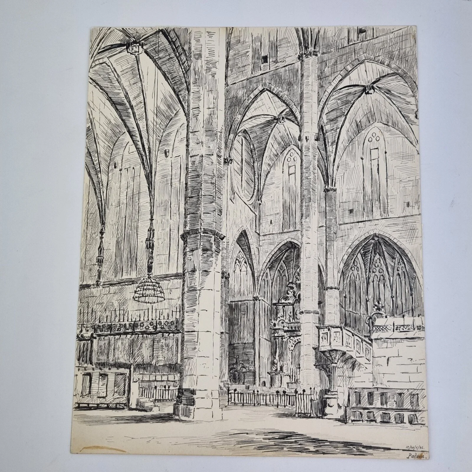 Antique 19th Century Pen Study "Palma Cathedral" Dated 1886