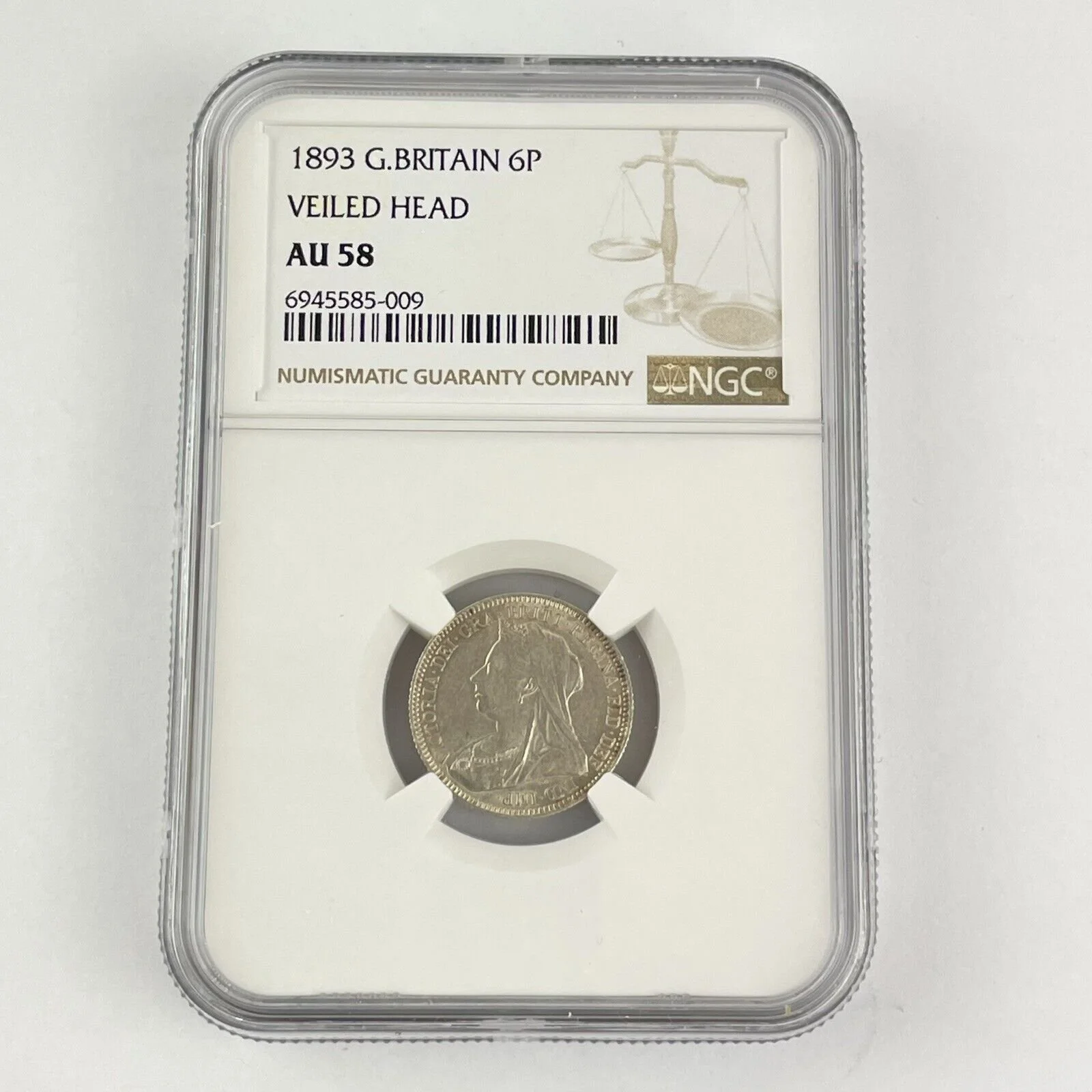 NGC Graded Great Britain 1893 Sixpence 6P Veiled Head Queen Victoria AU 58
