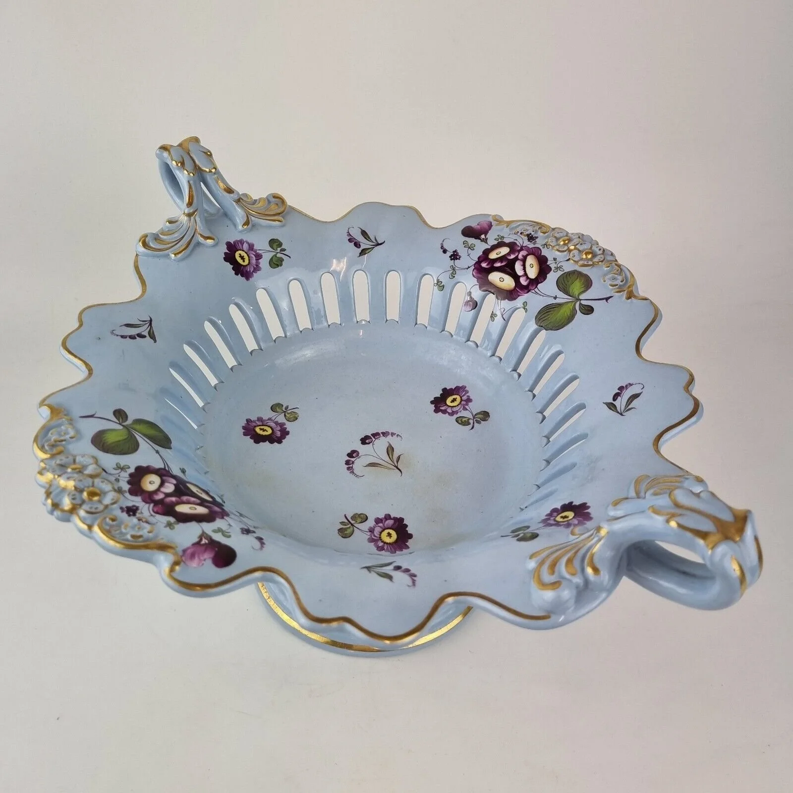 Antique 19th Century Staffordshire Blue Tazza Comport Painted Purple Flowers
