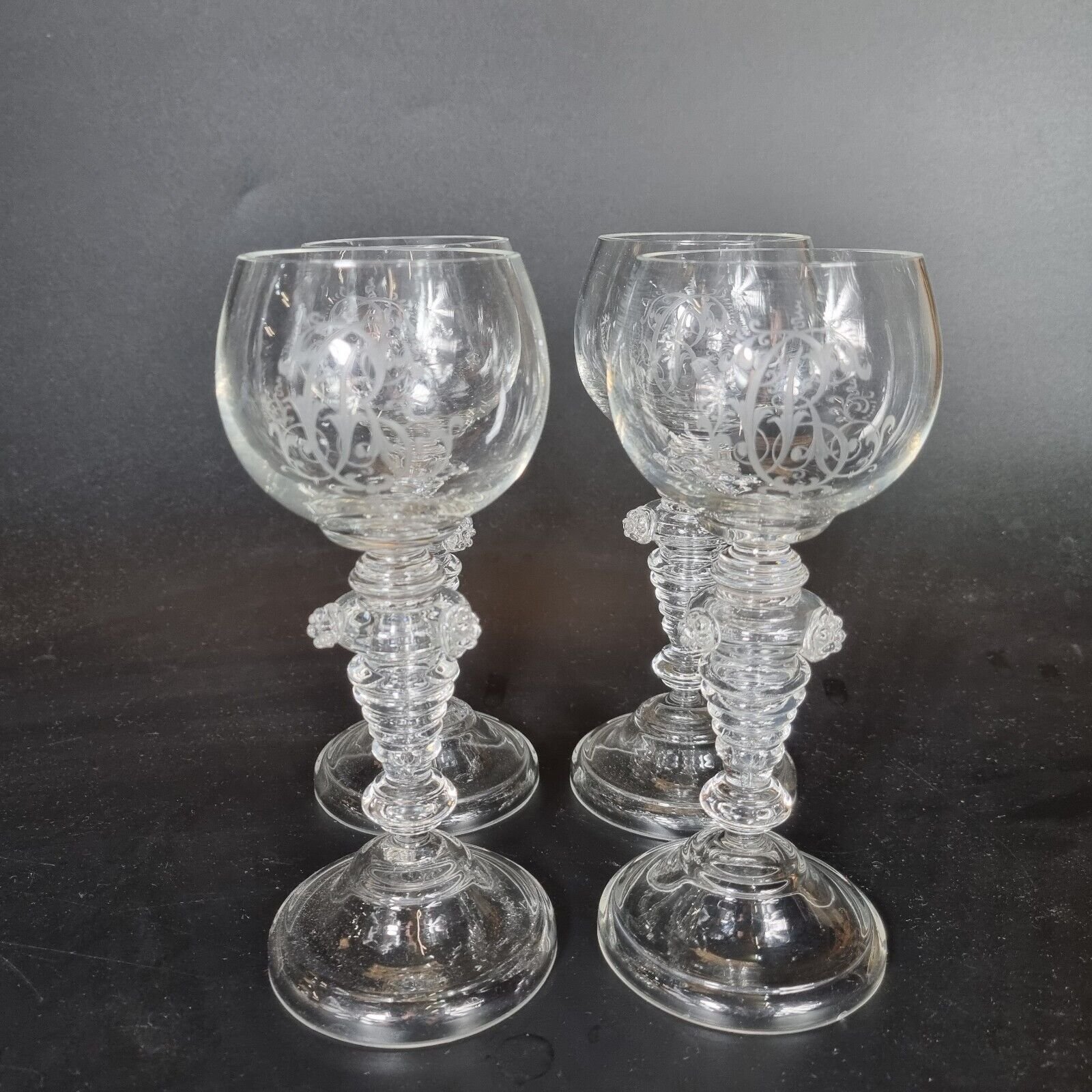 Set Of 4 20th Century Clear Glass Roemer Goblets Initials "CR" 18cm High