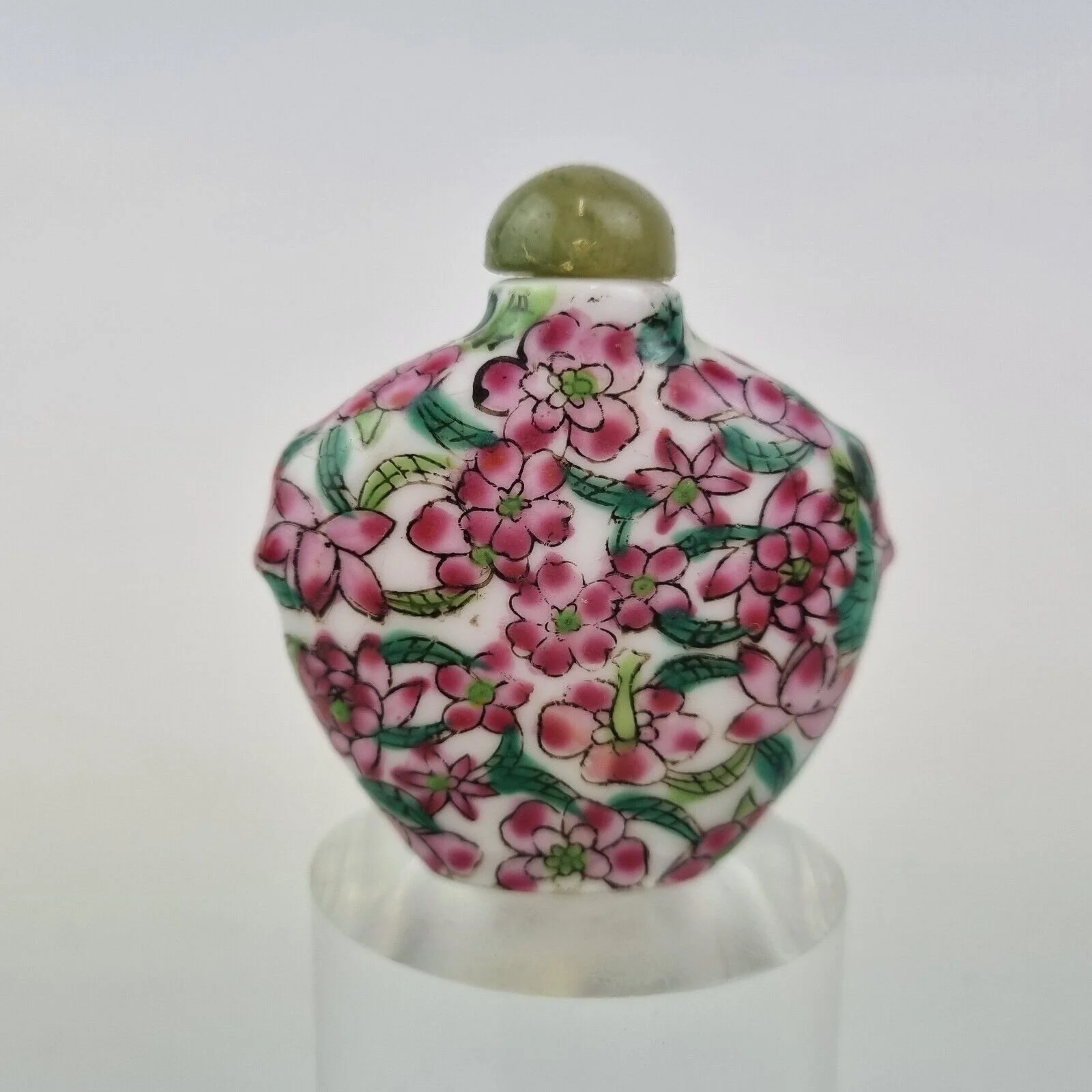 Vintage Chinese Porcelain Snuff Bottle Decorated With Pink Flowers 6cm High