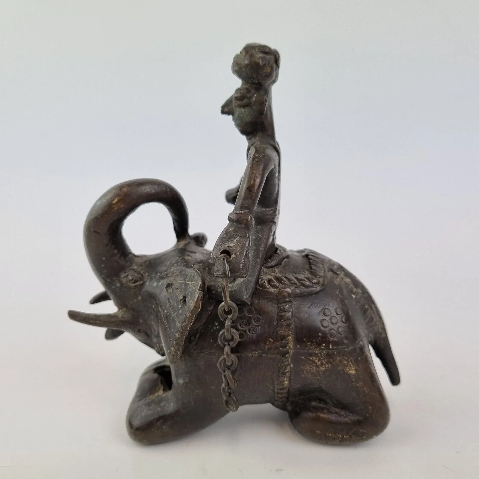 Antique Indian? Bronze Box Container Figure Man On Elephant 14cm High