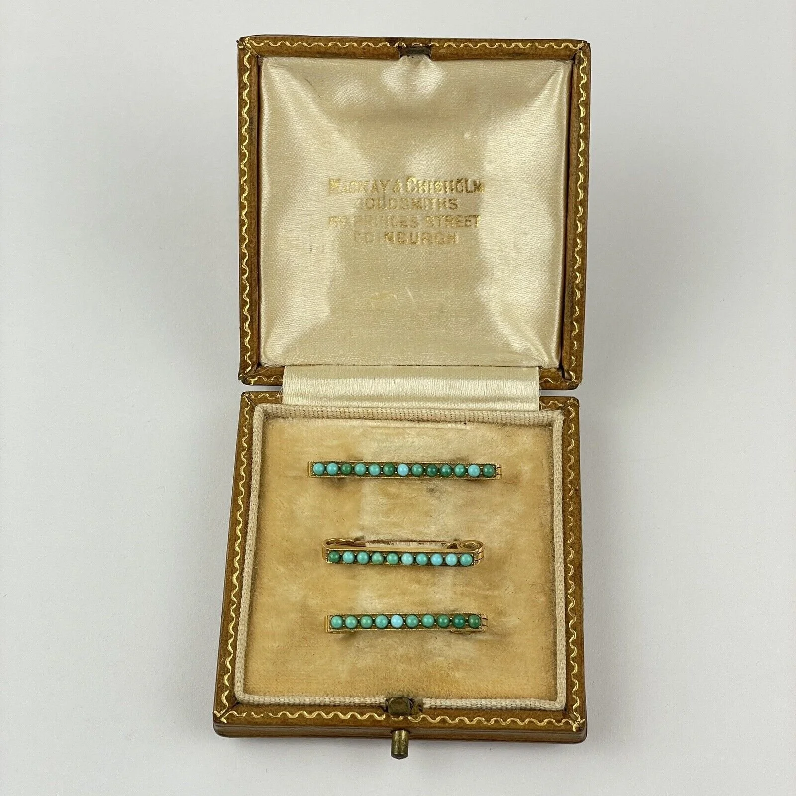 Antique Cased Set Of 3 9ct Rose & Yellow Gold Turquoise Brooch 19mm & 31mm