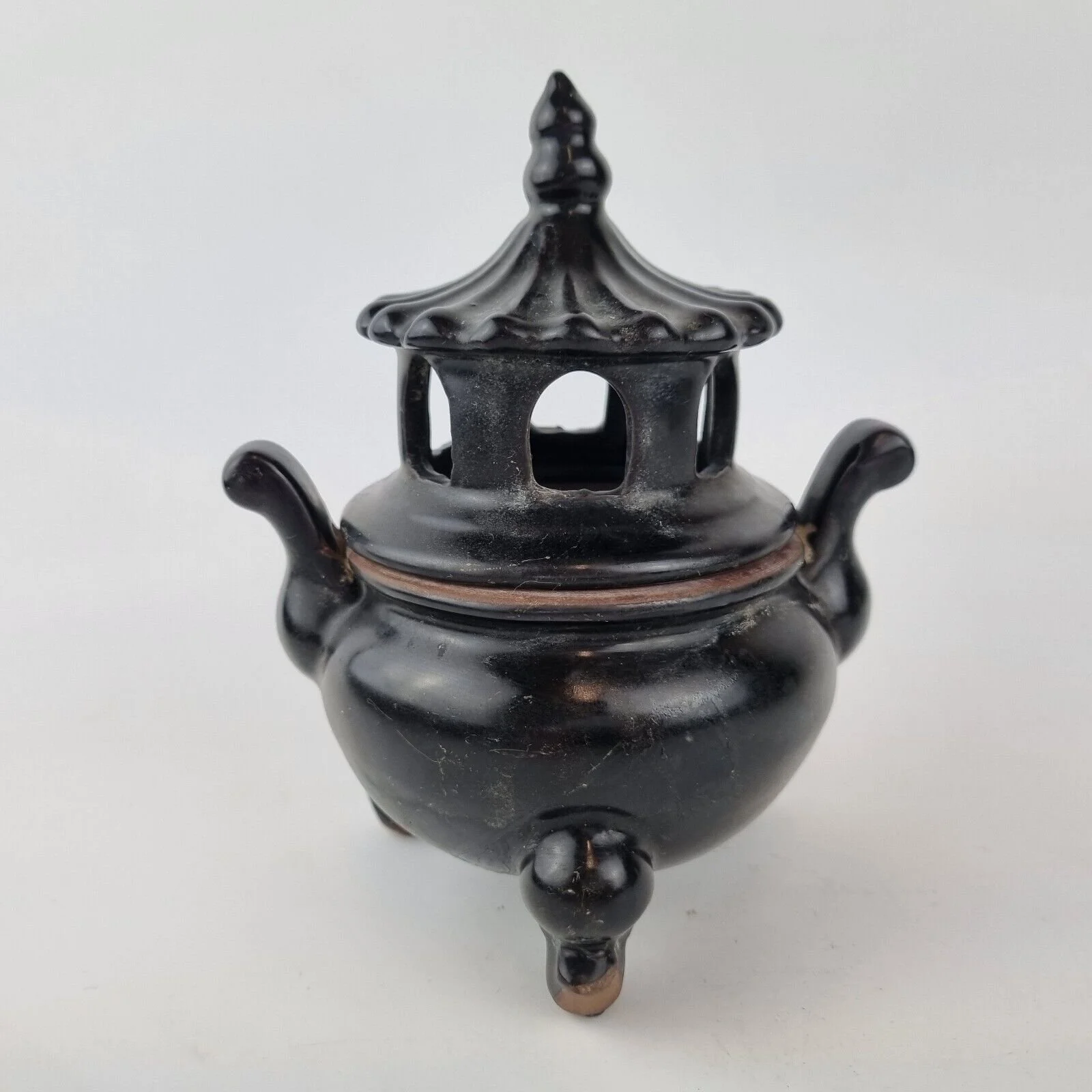 Vintage Chinese Ceramic Incense Burner Censor Painted Black 15cm High