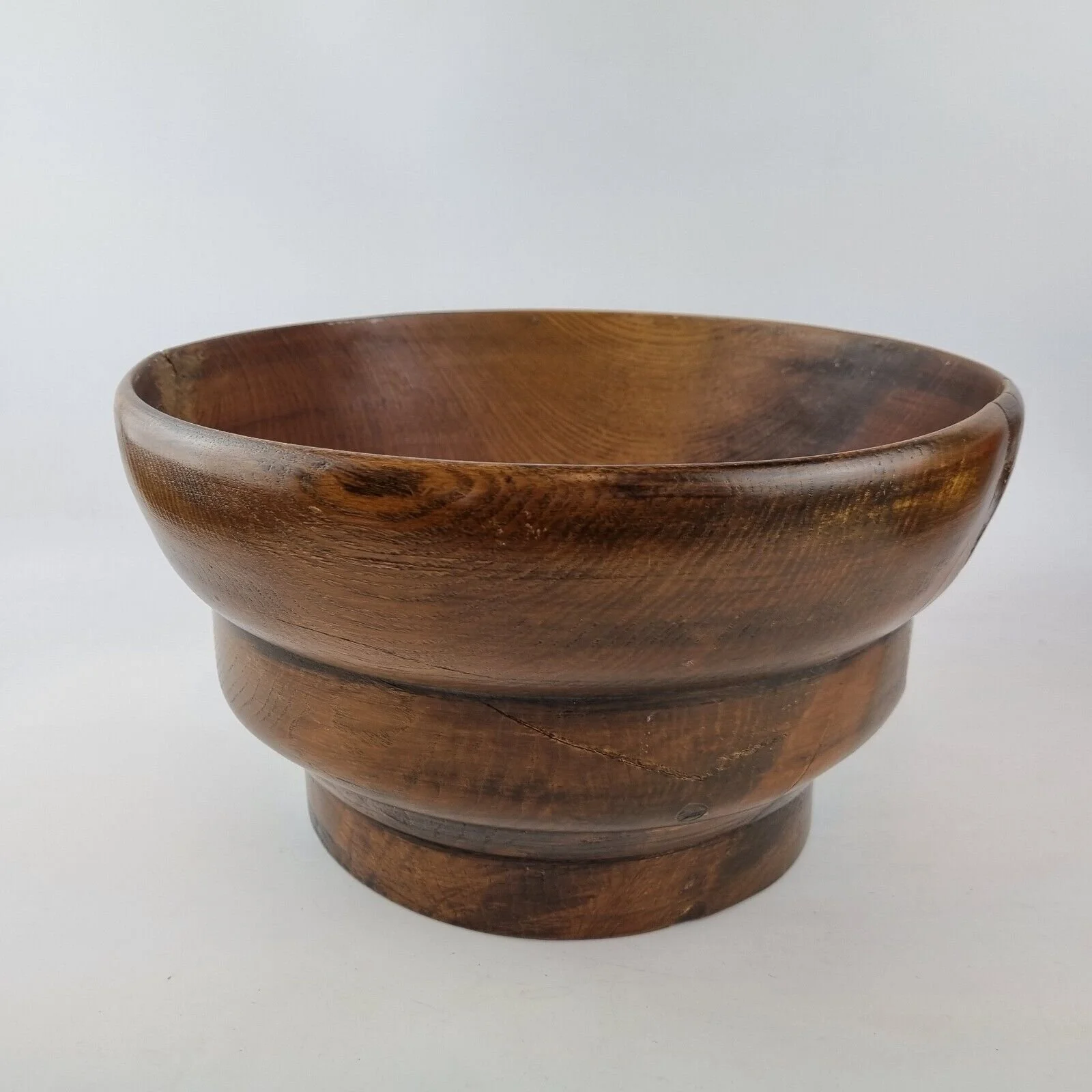 Large Antique / Vintage Stepped Turned Wood Bowl 32cm Diameter x 18cm High