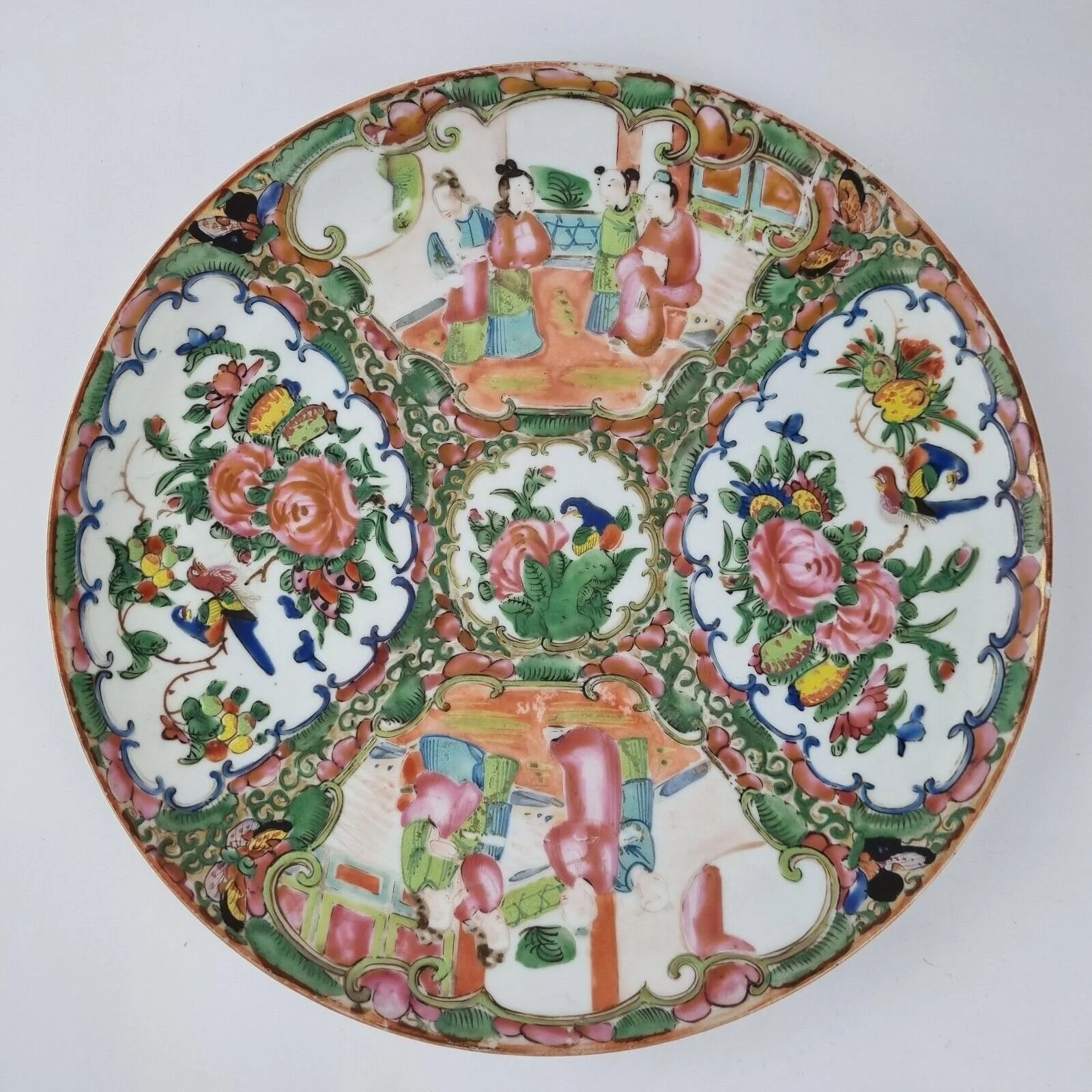 Antique Chinese Canton Famille Rose Plate Decorated Figures, Flowers Etc. 25.4cm