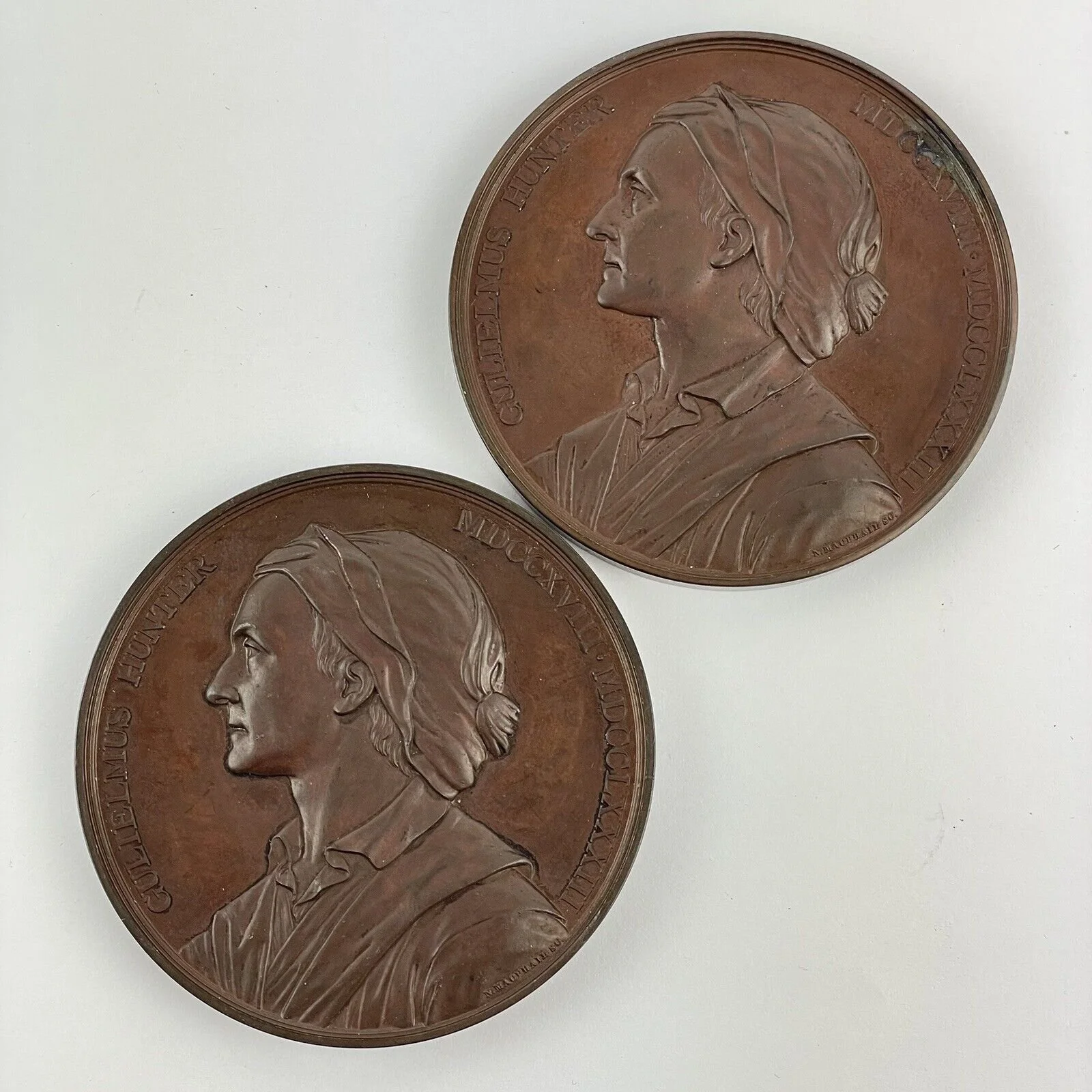 Pair Of Antique Bronze Gulielmus Hunter Zoological Medals D H Stevenson 70mm