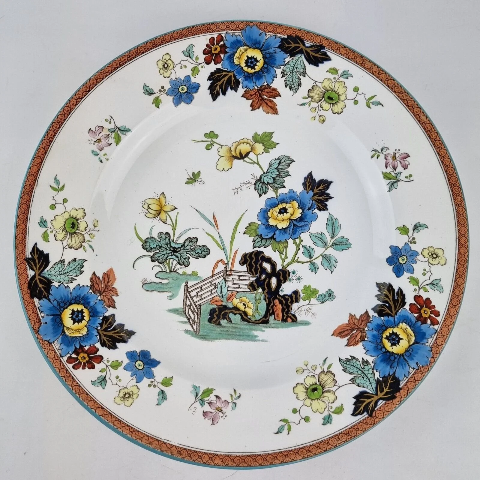 Antique 19th Century Wedgwood Eastern Flowers Plate Blue Flowers 26cm Diameter