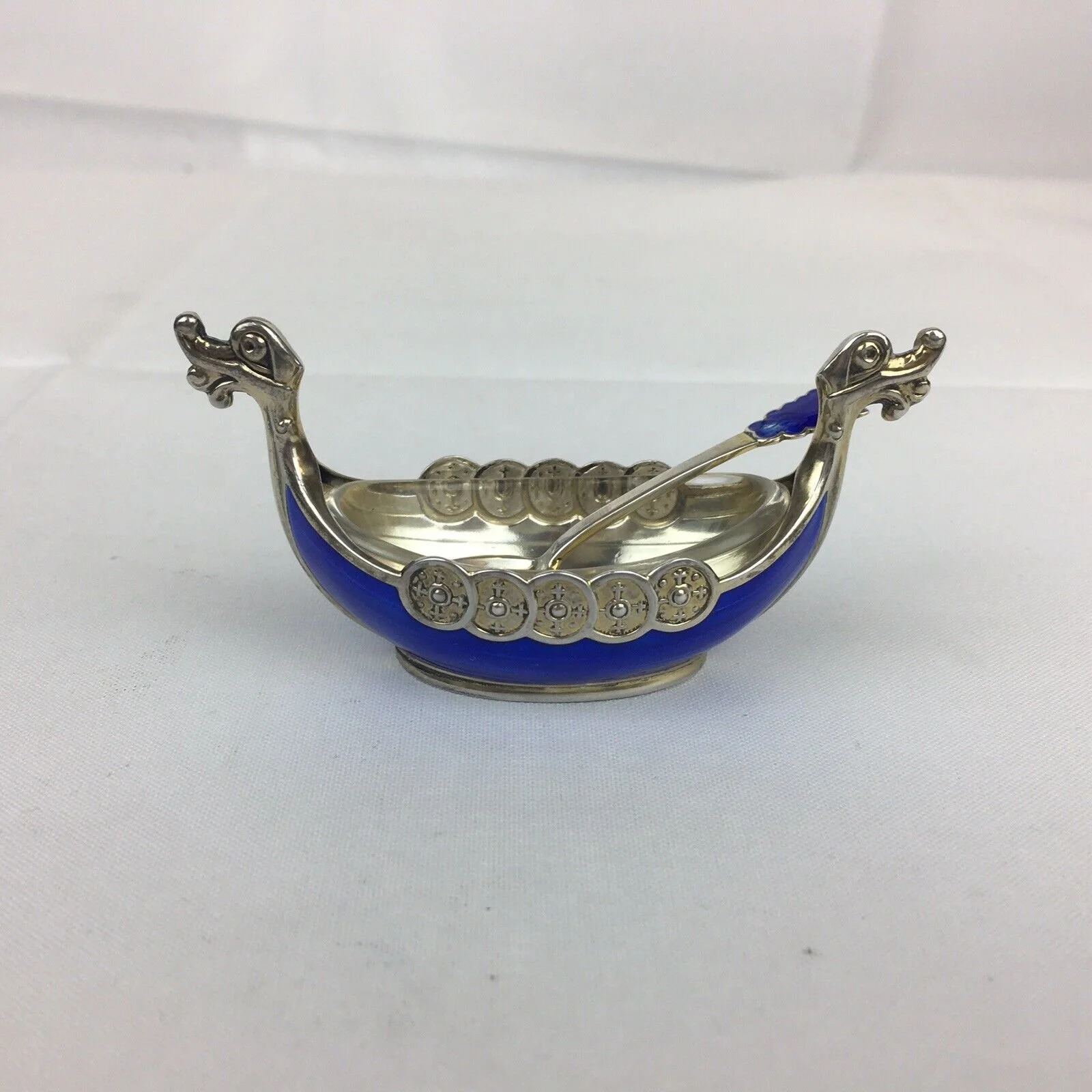 Norway Sterling Silver Blue Enamel Viking Boat Novelty Salt & Spoon Magnus Aase