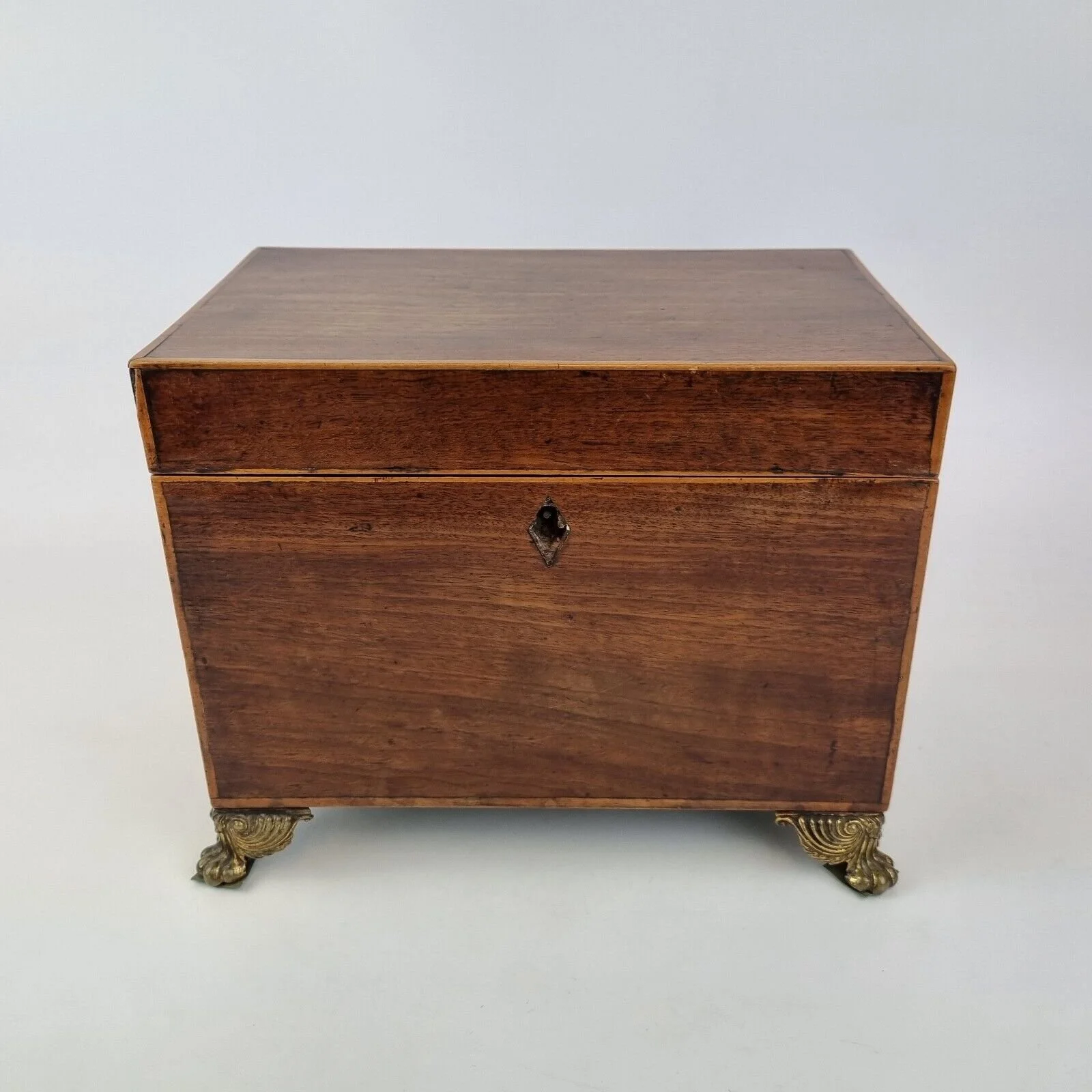 Antique 19th Century Mahogany 3 Section Tea Caddy On Brass Feet